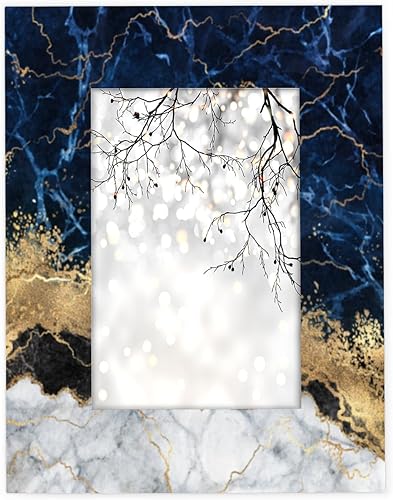 Marcos de fotos de abstracción de mármol de 4 x 6 pulgadas, marco de fotos de madera azul dorado blanco para colgarmesa, marcos de fotos de