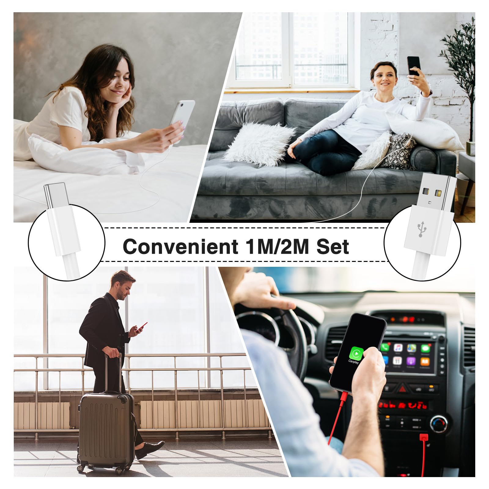 Câble USB Carplay USB A vers USB C 1M+2M Charge Rapide pour iPhone 17/16/15 Pro Max Samsung S25 iPad Pro