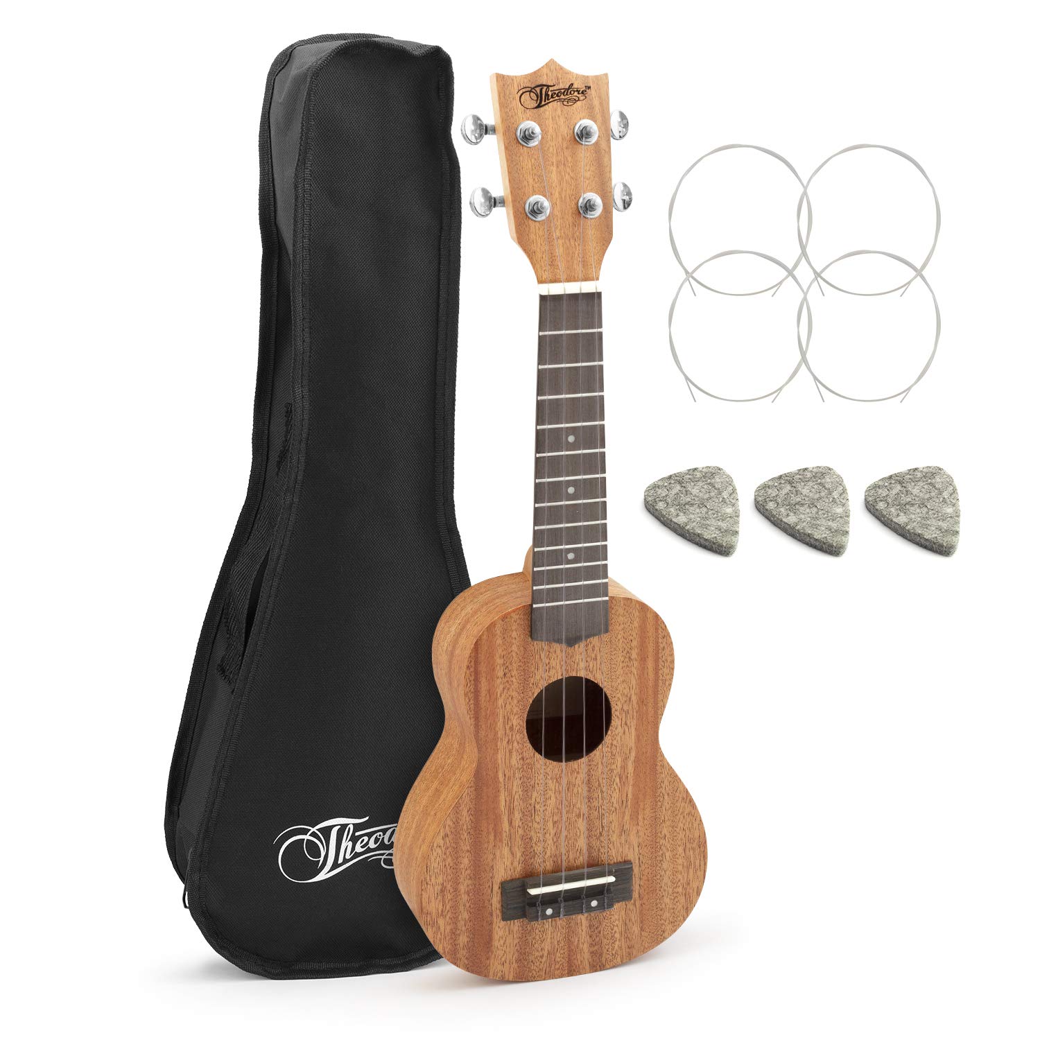 Theodore ukulele soprano in mogano con custodia | Include custodia in feltro e corde di ricambio, ideale per principianti, con caldo suono in mogano.