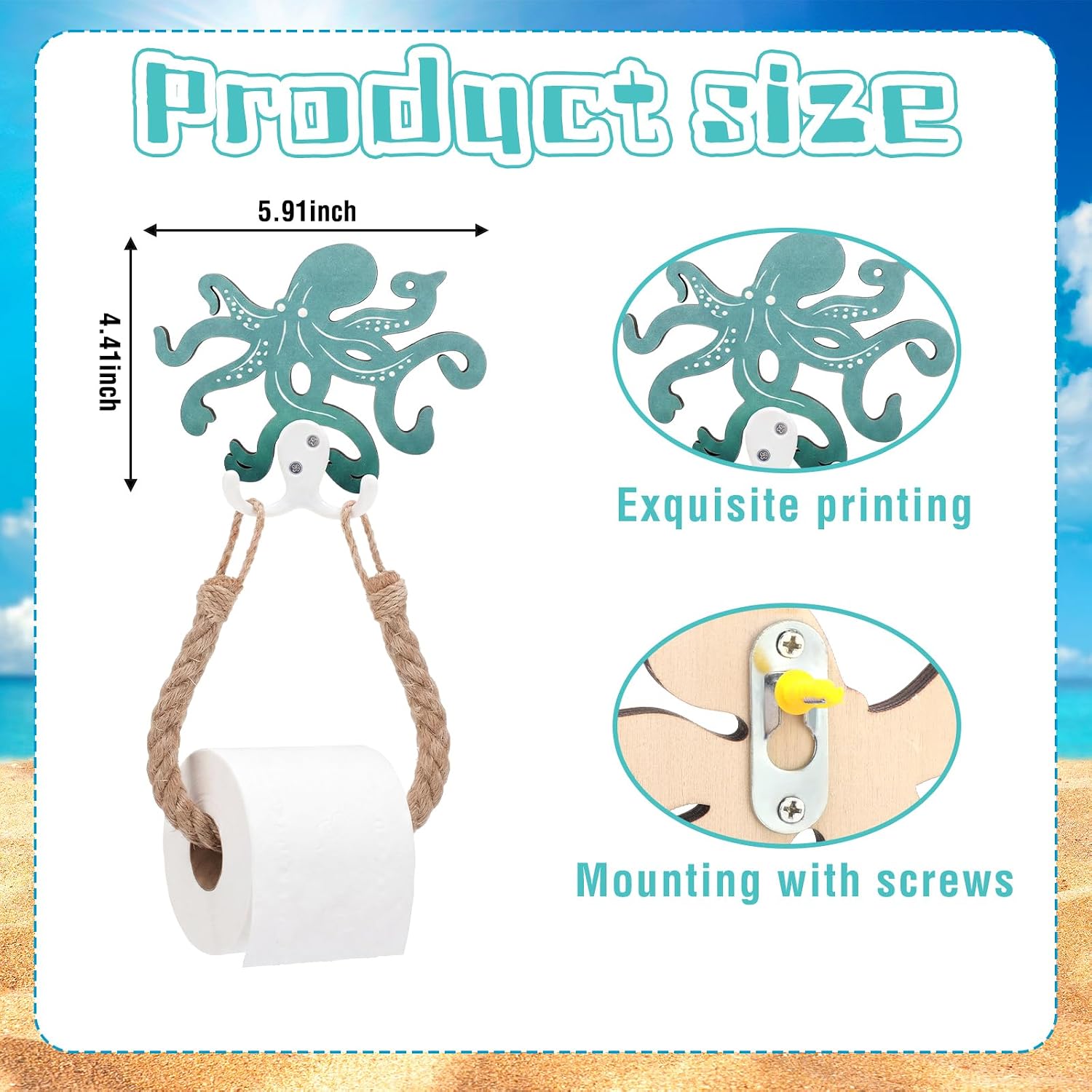 AceOrbit Blue Metal Wood Octopus Coastal Toilet Paper Holder Nautical Rustic Rope Toilet Paper Holder Wallmounted Towel Ring with Metal Wood Hook Ocean Sea Beach Themed Bathroom Decor