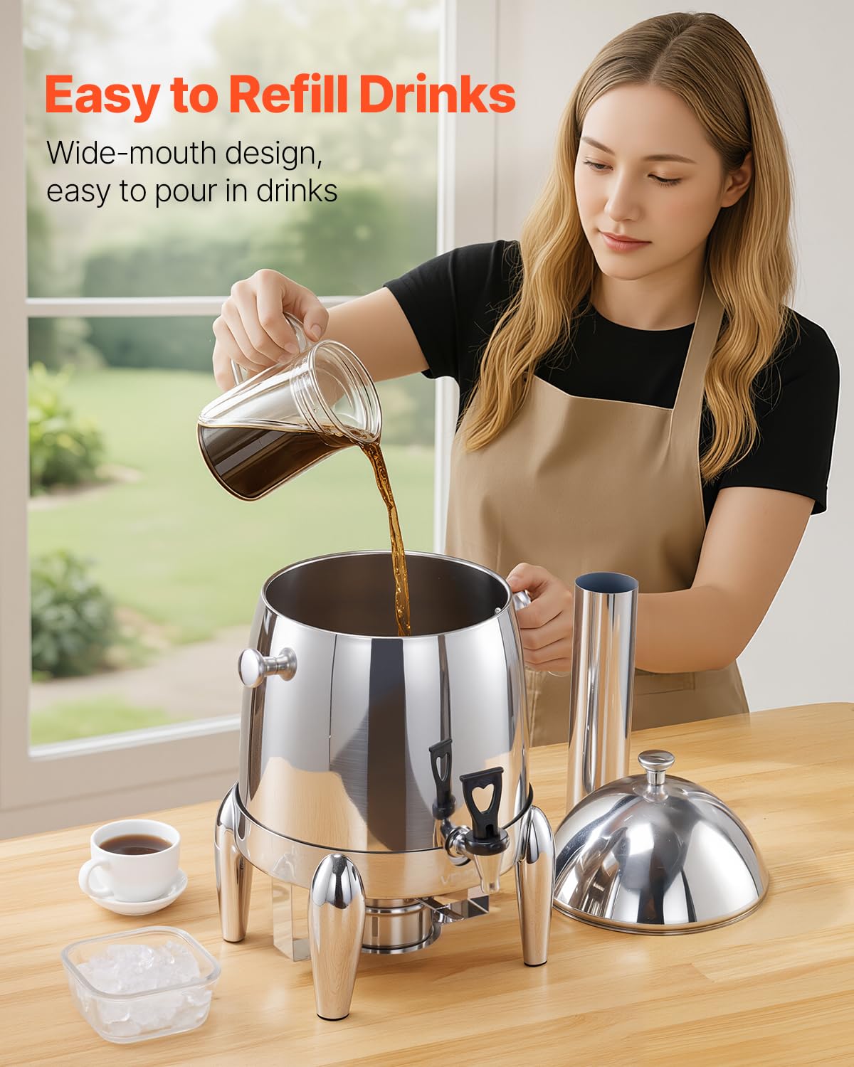 VEVOR Dispensador de Bebidas de Acero Inoxidable 12 L con Quemador de Alcohol, para Café, Té y Agua Caliente, con Grifo para Hielo, Ideal para Restaurantes, Hoteles y Fiestas, 280 x 280 x 520 mm