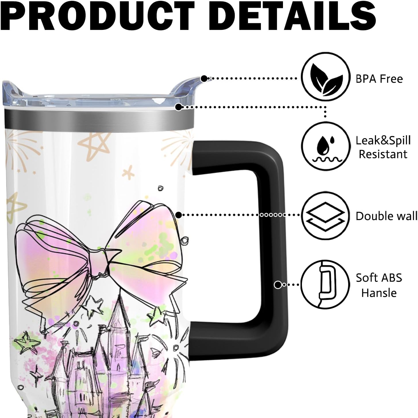 40oz Cartoon Castle Theme Tumbler | with Handle and Lid and Straw | Bowknot and Firework Travel Coffee Mug -Birthday,Christmas Gift - Image 2