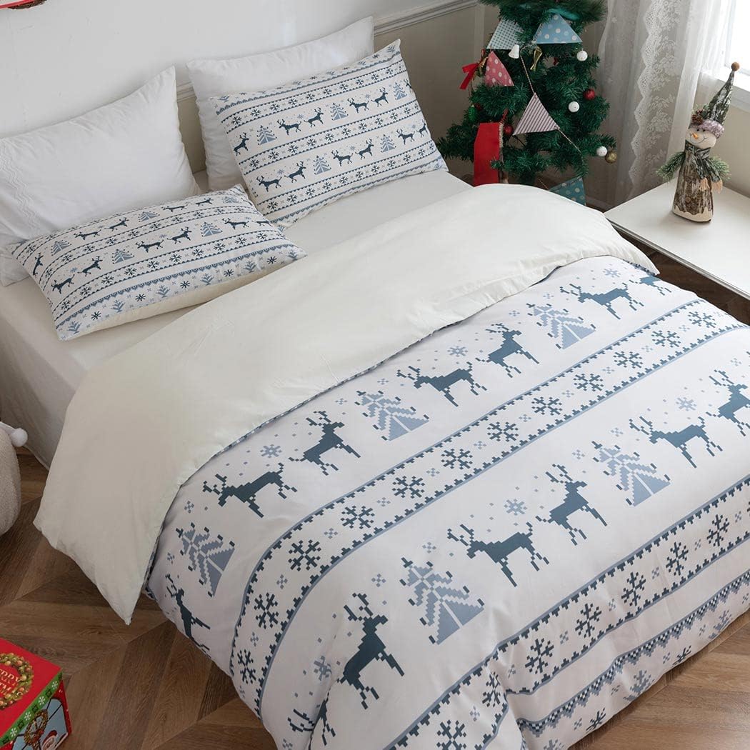 Conworld Christmas Duvet Cover Queen Size Set, Soft Reversible White