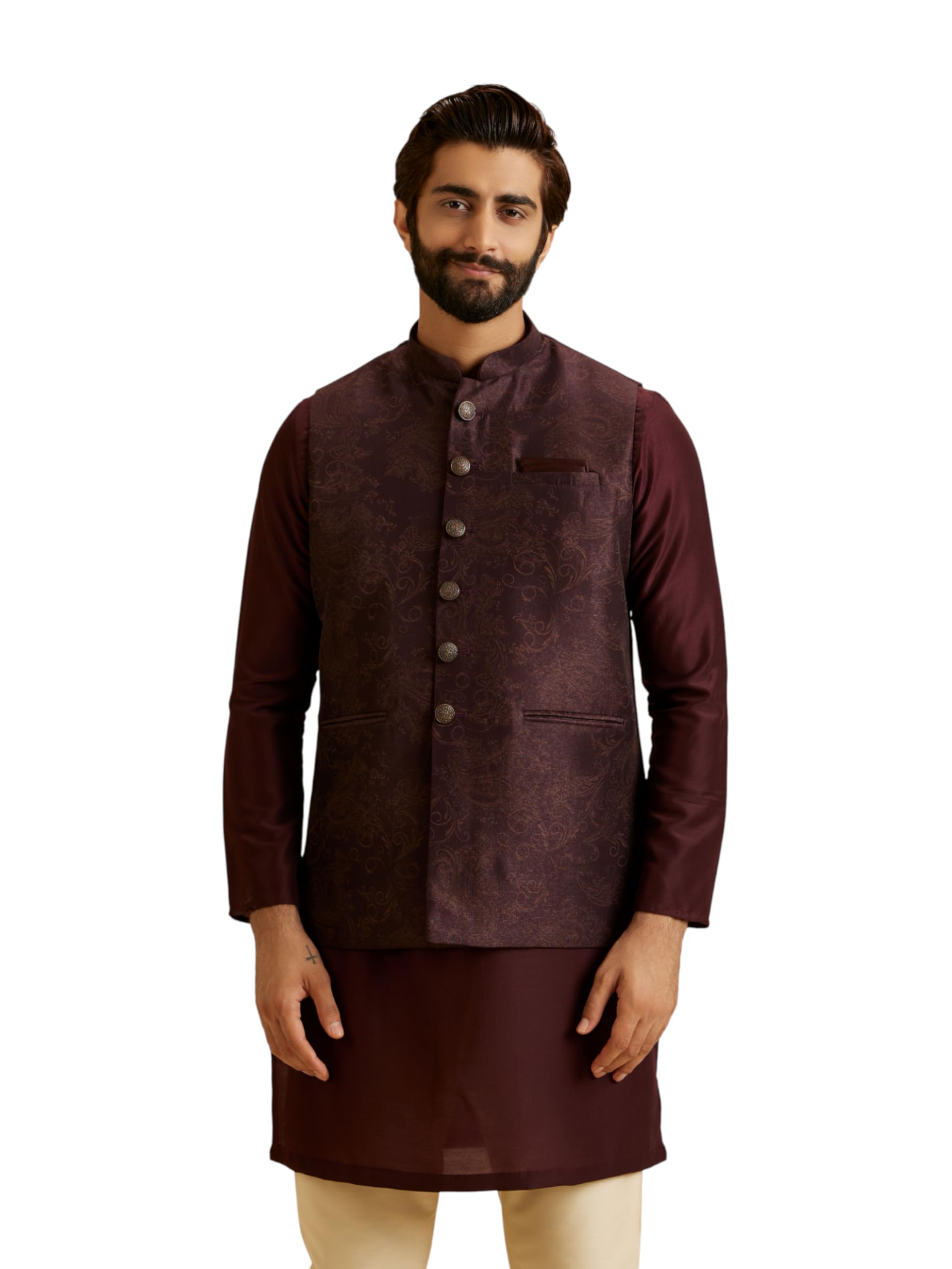manyavar Men's Rayon Blend Self Embossed Printed Ethnic Jacket (1pc)-picture-16