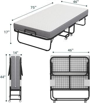 75x46 Folding Bed with Adult Mattress, Upsize Size, Portable Folding Bed with Deluxe Memory Foam Mattress and Extra Strong Frame, Folds, Rolls and Conceals (75x46)