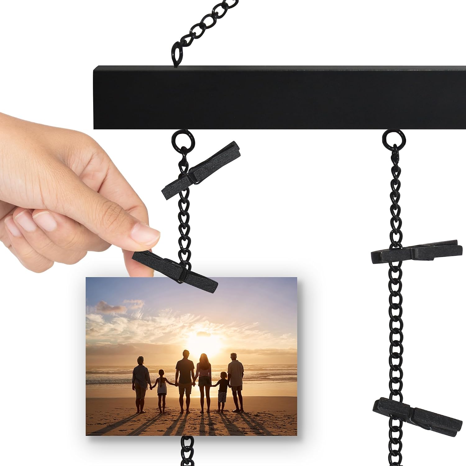 Americanflat Hanging Photo Display with Five 23" Metal Chains - 30" Long Picture Board with 30 Clips Included - Photo Display Ideal for Teen Girl Gifts, Dorm Wall Decor and Bedrooms - Black