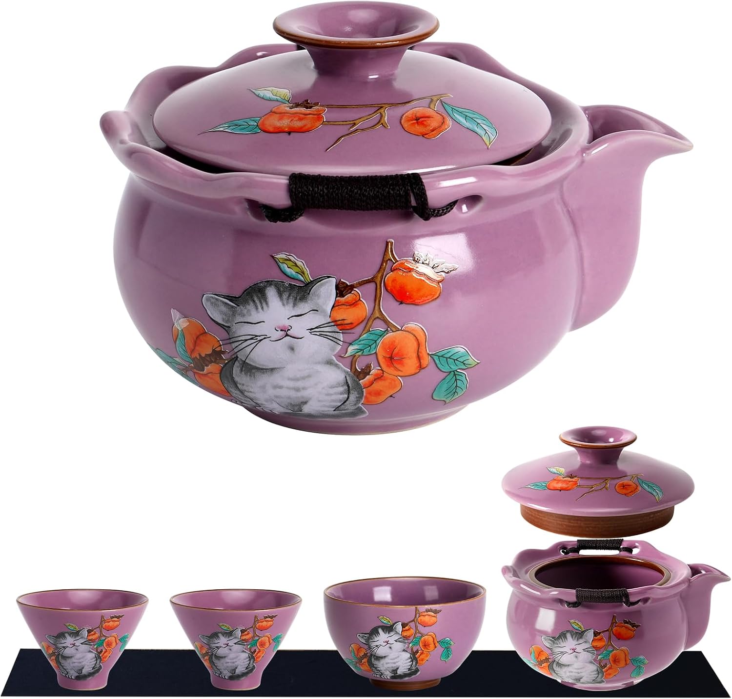 Mini Cute Cat Ceramic Tea Set with Persimmon Pattern,Japanese Style Crackle Glaze Teapot and Teacups Set - Unique Gift for Cat Lovers, Housewarming, Afternoon Tea (1 Teapot, 3 Cups),Ru Kiln Yellow