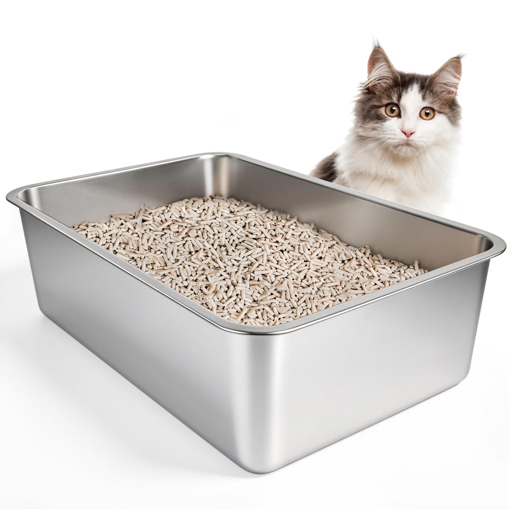 IKITCHEN Stainless Steel Cat Litter Box, Large Metal Litter Box for Cats, Never Absorbs Odors,Stain Free, Rustproof, Non Stick Smooth Surface, Anti-Slip Rubber Bottom, 23.5" L x 15.5" W x 8" H