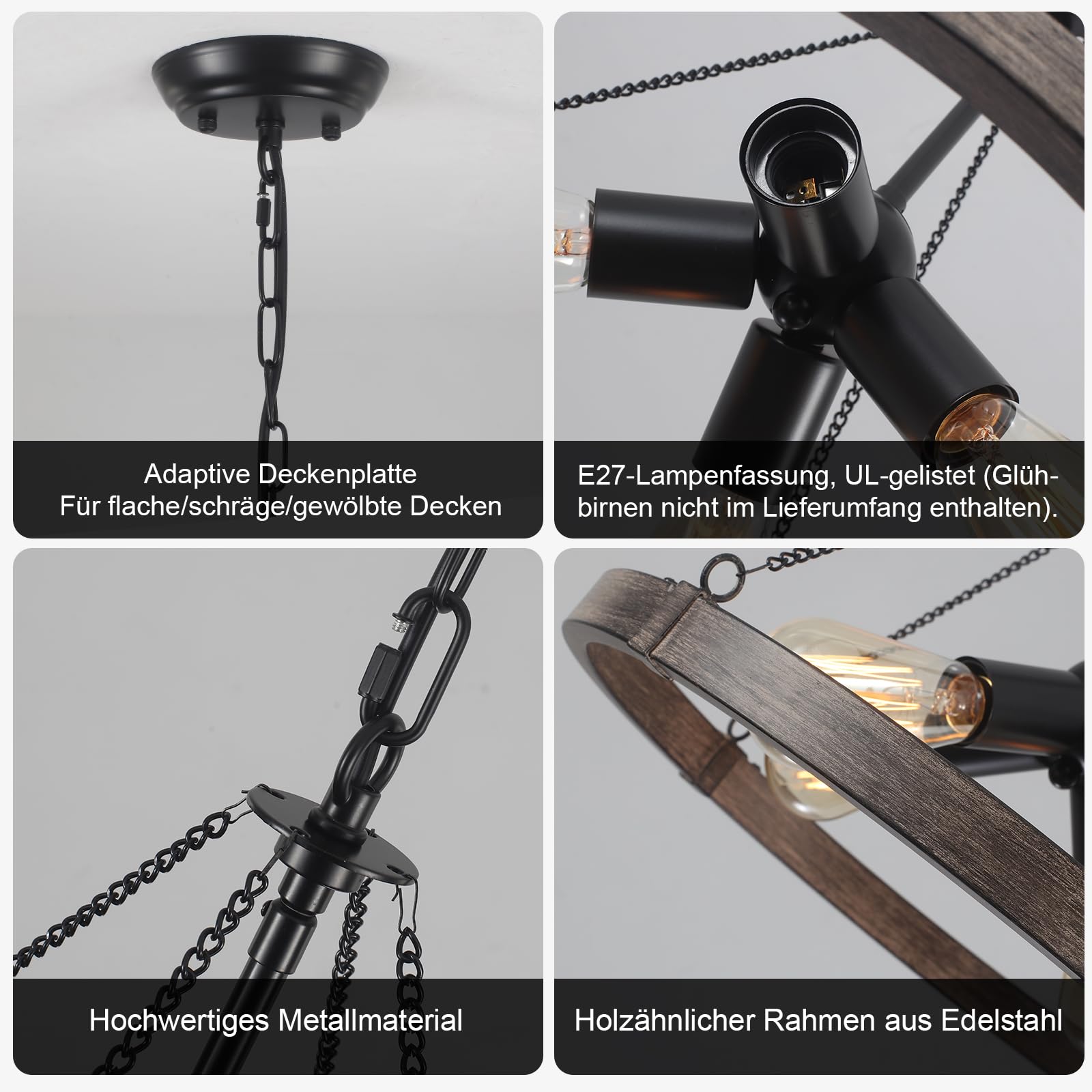 Vintage Kronleuchter Schwarz Wagenrad 4 Lichter 45cm 60W Höhenverstellbar | Kronleuchter Industrial Hängeleuchten, E27 Rustikale Pendelleuchte Esszimmerlampe Hängend für Küche Wohnzimmer Schlafzimmer