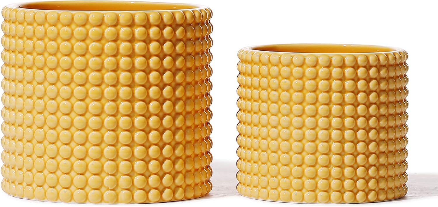 POTEY Yellow Ceramic Vintage Style Hobnail Patterned Planter Pots 6 and 5 Inch Containers with Watering Drain Plug for Indoor Succulent Plants or Flowers
