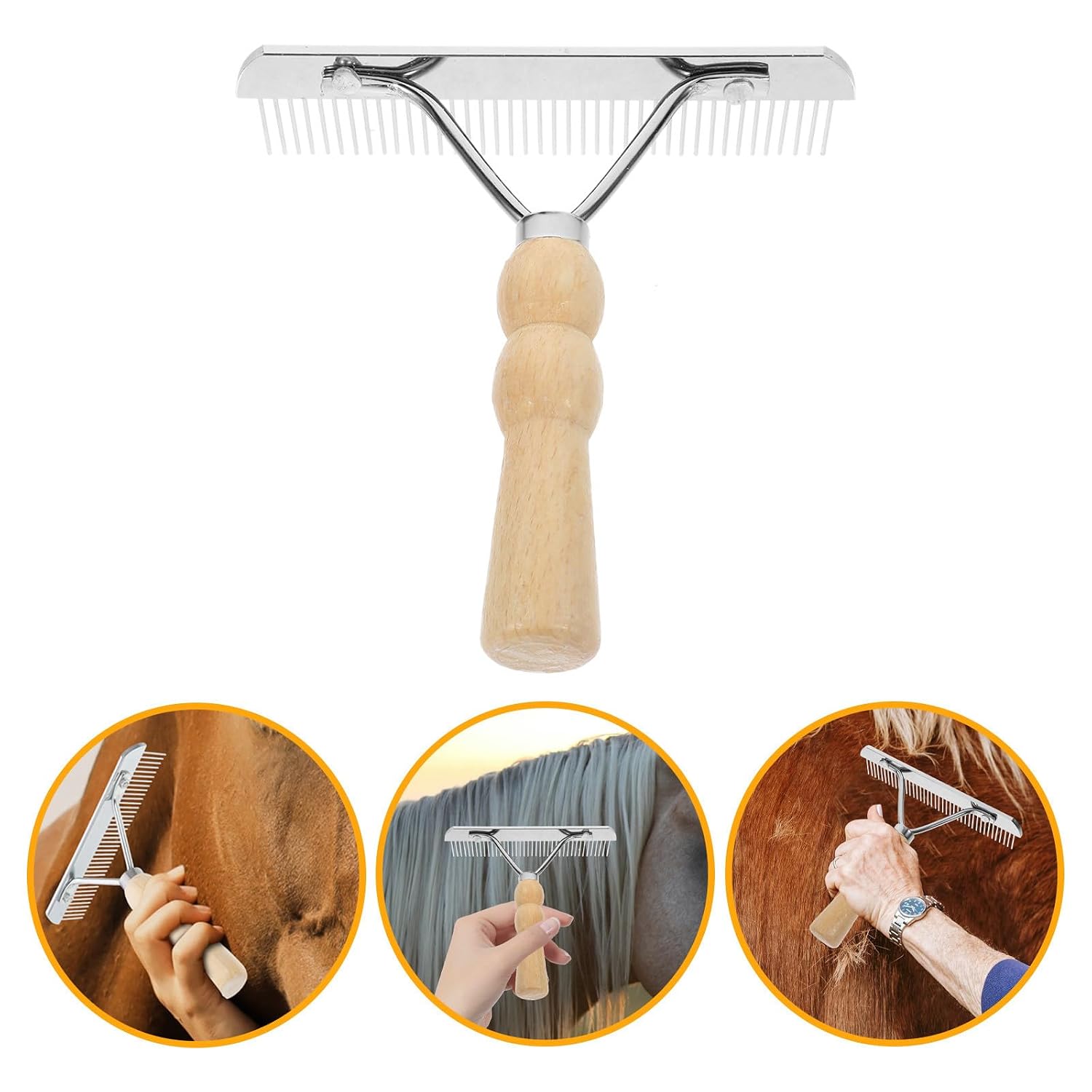 Sturdy Animal Hair Comb with Wooden Handle and Metal Teeth, Convenient to Hold Grooming Tool for Mane and Tail Cleaning and Shedding Removal