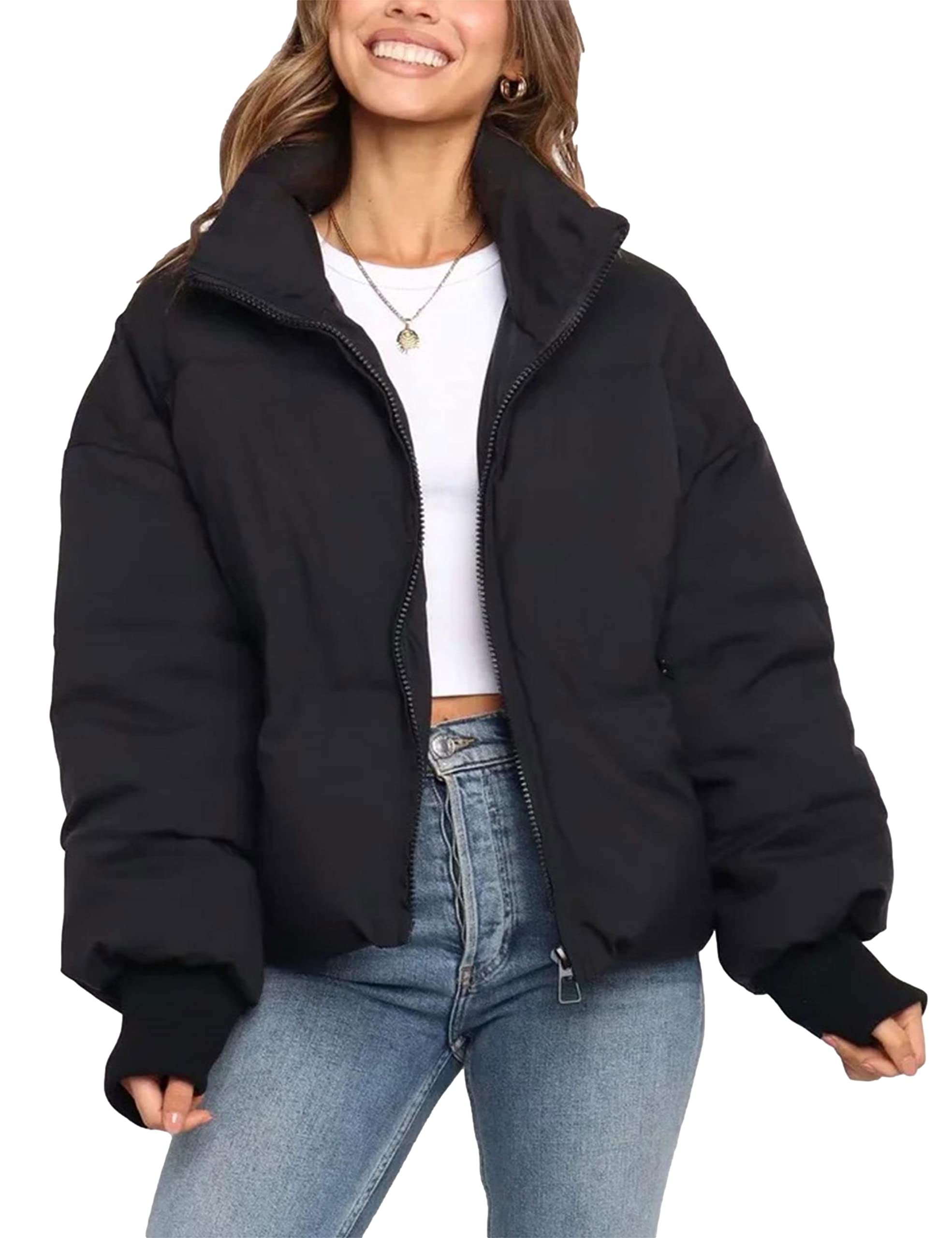 ZontroldyWomens Winter Warm Quilted Zip Loose Short Puffer Down Jacket Coat