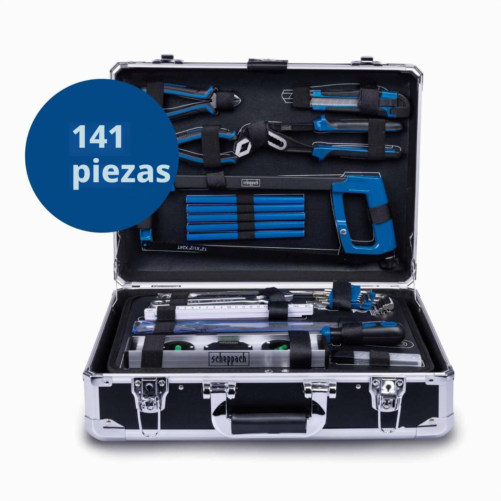 Scheppach TB200 - Maletín de herramientas de aluminio (141 piezas) | Maletín de taller con llave inglesa, martillo, alicates, destornillador, caja de herramientas para taller y hogar