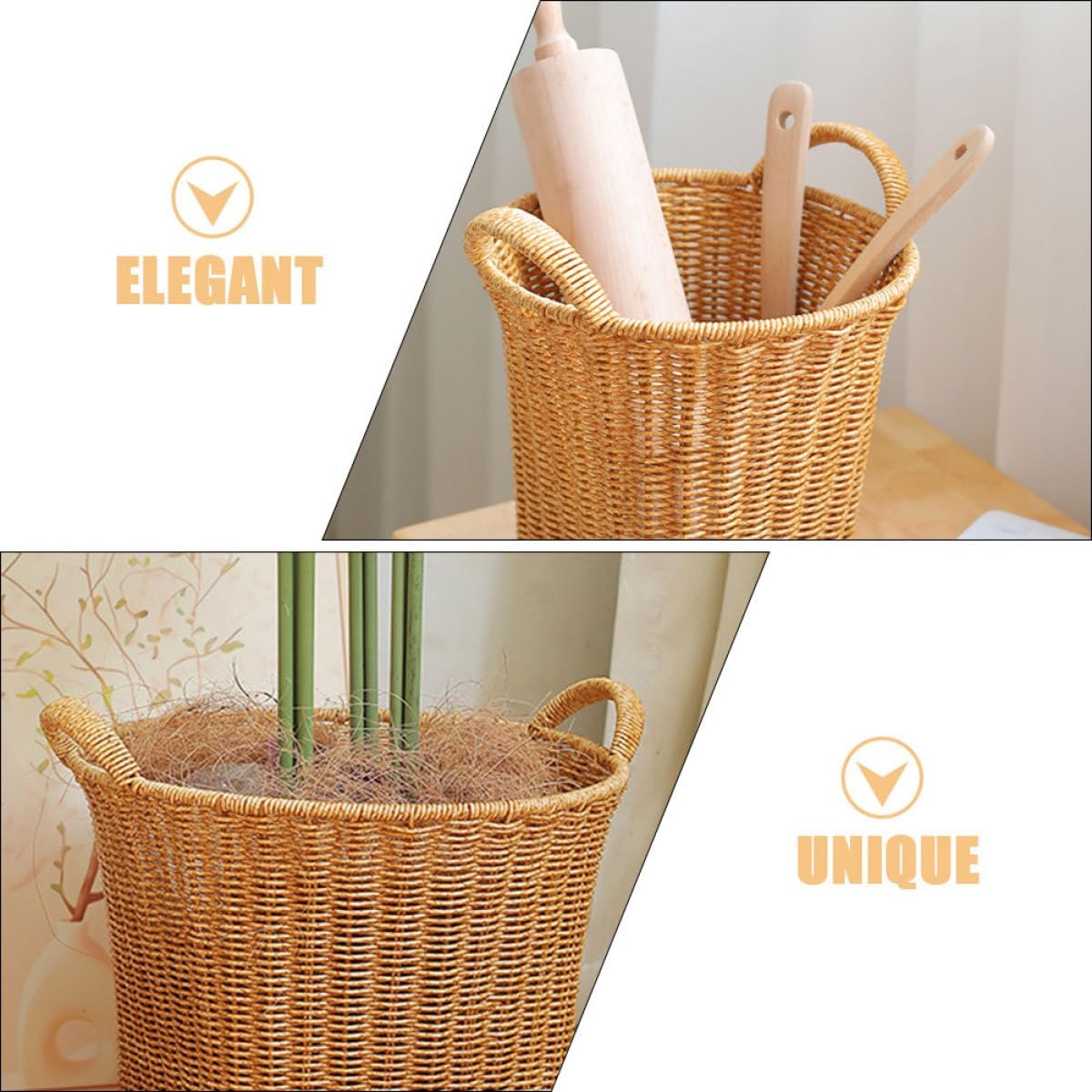 Imitation Rattan Storage Basket with Handles Medium Size Light Coffee Color Handwoven Decorative Flower and Vegetable Holder for Home Organization and Tabletop Storage