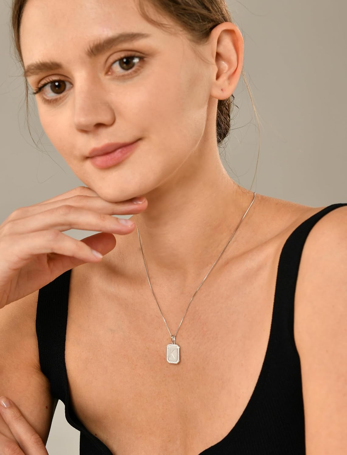 YL Initial Necklace for Women 925 Sterling Silver Rectangle Letter Pendant Halo A-Z Alphabet Jewelry