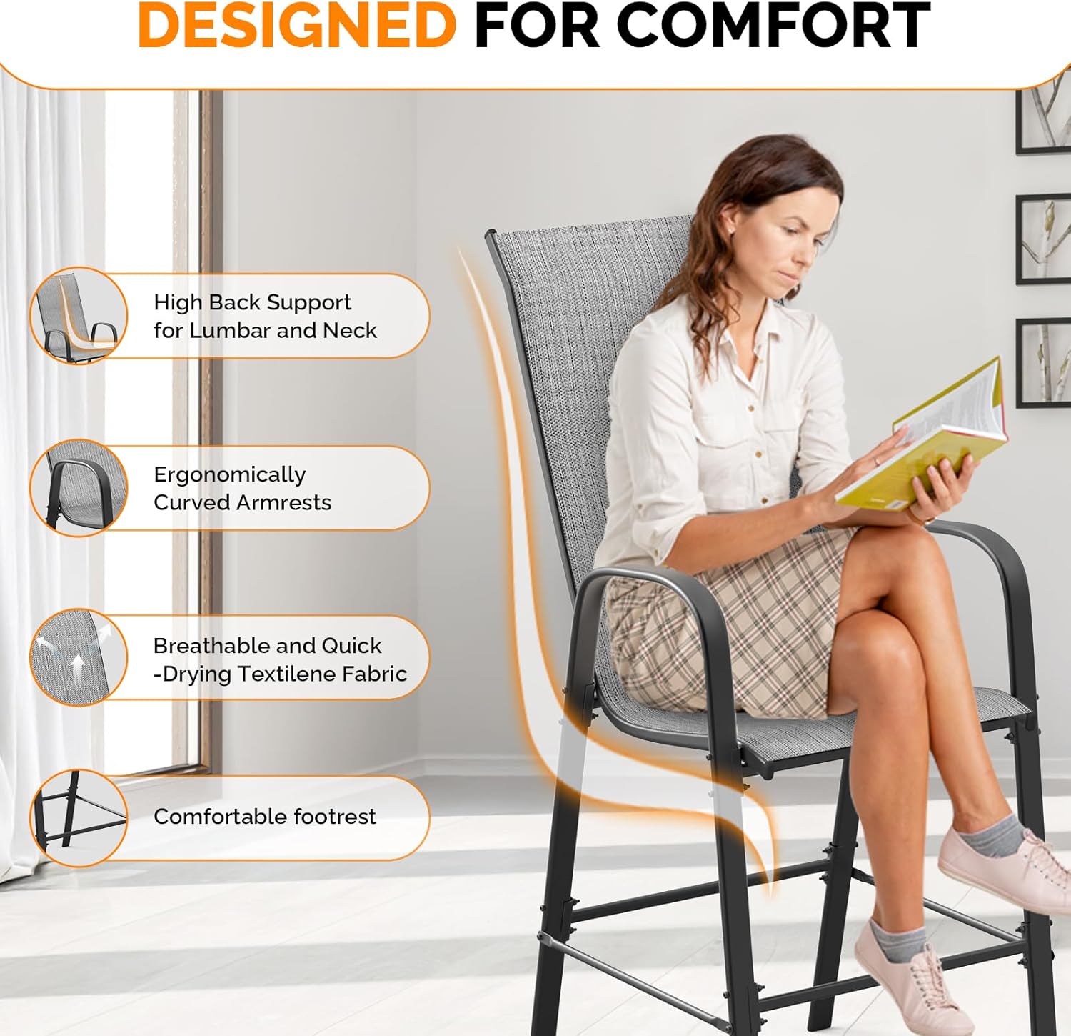VINGLI Set of 4 Stackable Outdoor Bar Stools – Sling Chairs with High Back & Armrests, for Lawn, Garden, Bar, Grey