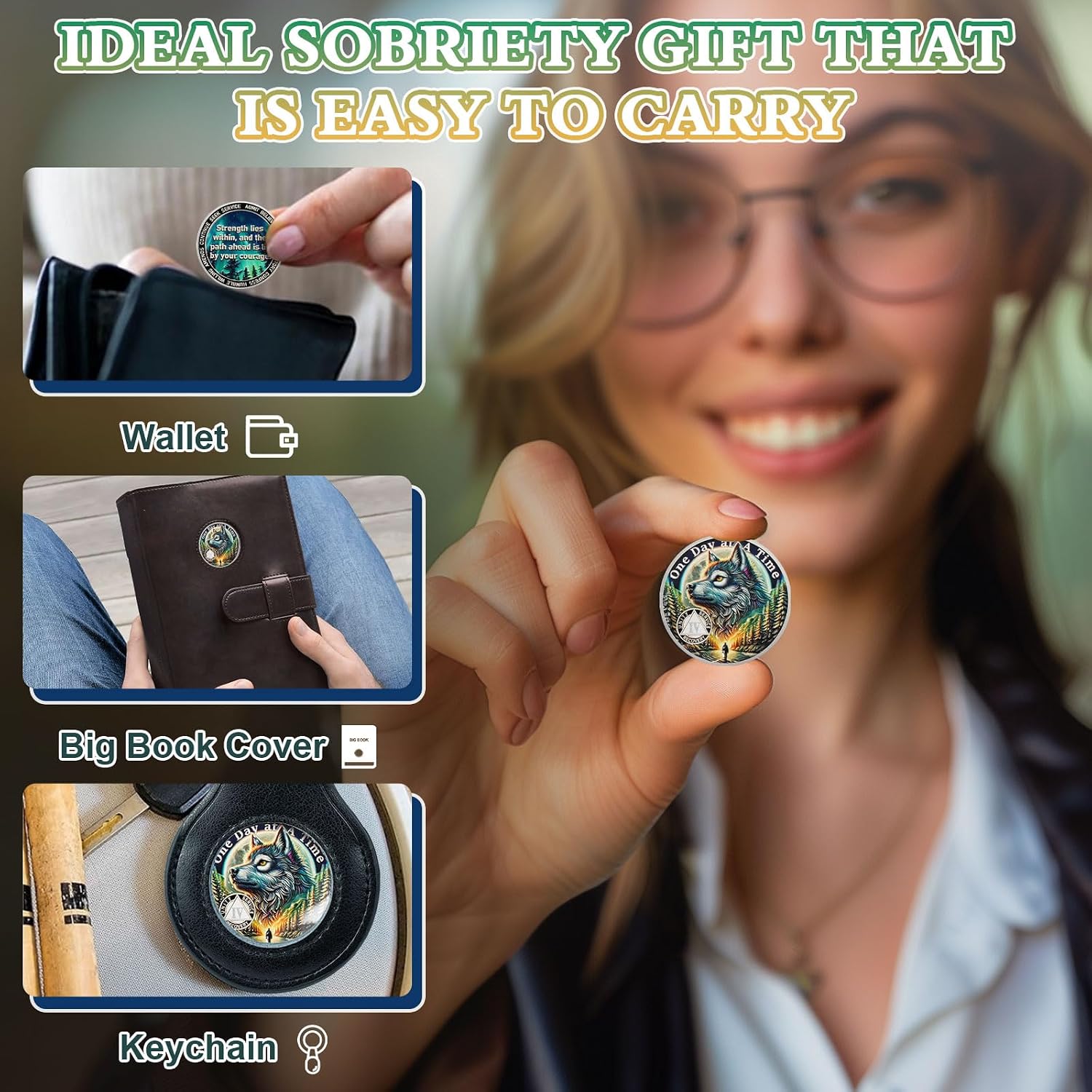 Brave Wolf 4 Year Sobriety Coin - One Day at a Time AA Coin, Alcohol Free Four Year Recovery Chip with Token Capsule, Inspirational Sobriety Gifts for Men & Women
