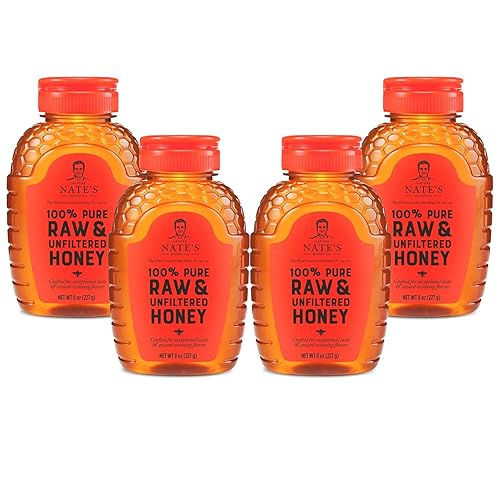Nate's 100% Pure, Raw & Unfiltered Honey, Award-Winning Taste - Holiday Stocking Stuffer - 8 oz Squeeze Bottle (4 Pack) - 8 Ounce (Pack of 4)