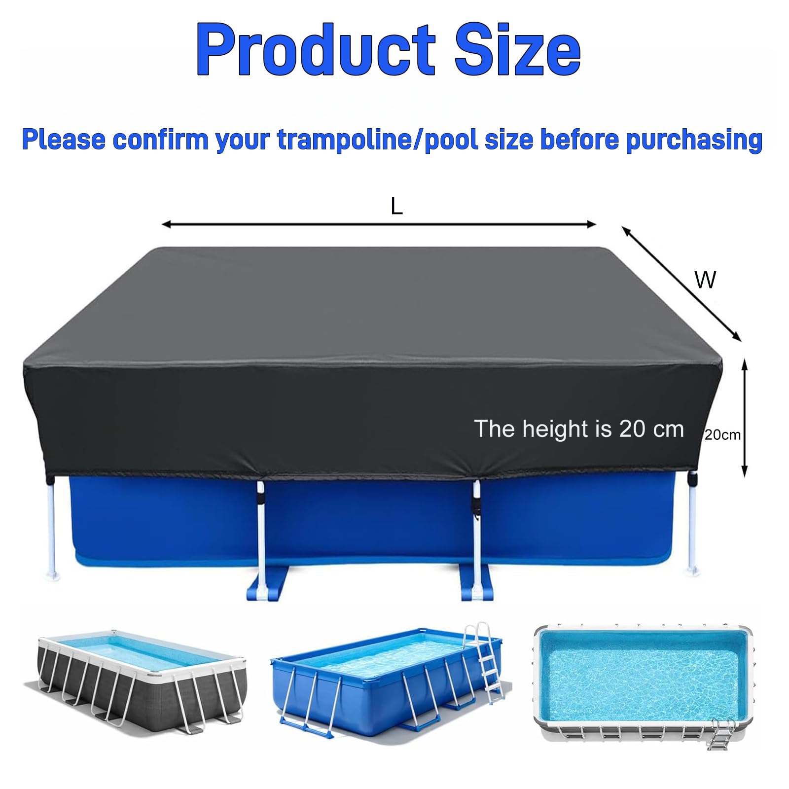 Cobertor de Invierno Rectangular 190 x 340 cm Resistente Anti-UV Cubierta Piscina Incluye Cordón de Agarre para Piscinas Rectangulares, Negro