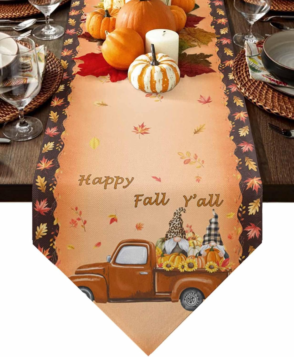 Z&L Home Cotton Linen Table Runner Burlap Dresser Scarves,Farm Thanksgiving Pumpkin Truck with Dwarf Table Runners for Family Dinner Holiday Party, Kitchen Dining Decor Autumn Orange 13x72in