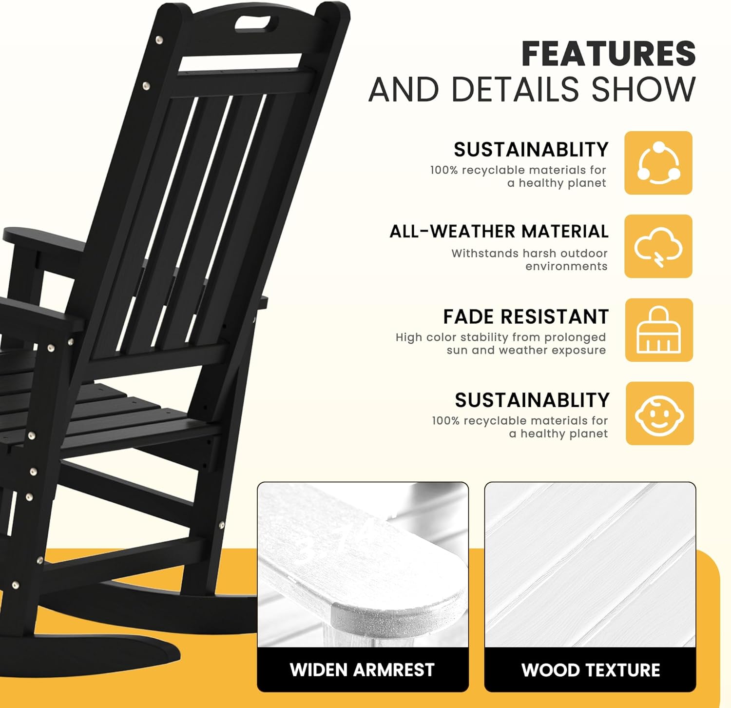 LOUNZY Outdoor Rocking Chair with Footboards Set of 2, HDPE Rocking Chair Patio Porch Rocker with 380lbs Support for Adult, Black