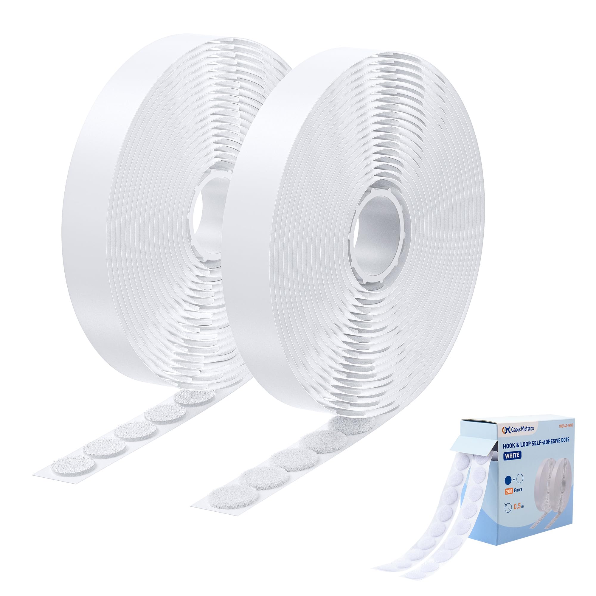 Cable Matters 400 Pcs (200 Pairs) Hook and Loop Self-Adhesive Dots, 12mm Diameter, Round Fastener Dots for Crafts, Classroom, Office, Home Organization, White