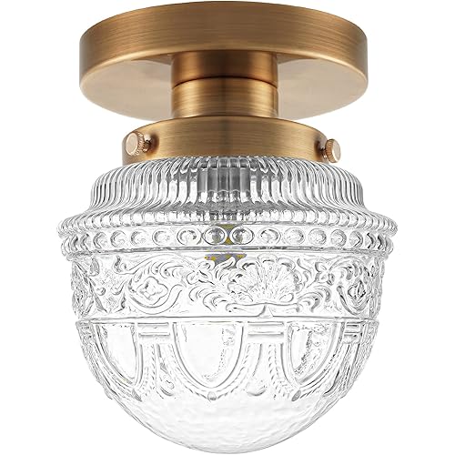 DSMJFU Brass Semi Flush Mount Ceiling Light, Small Hallway Light Fixture, Vintage Close to Ceiling Light Fixture for Bathroom, Entryway, Foyer, Closet
