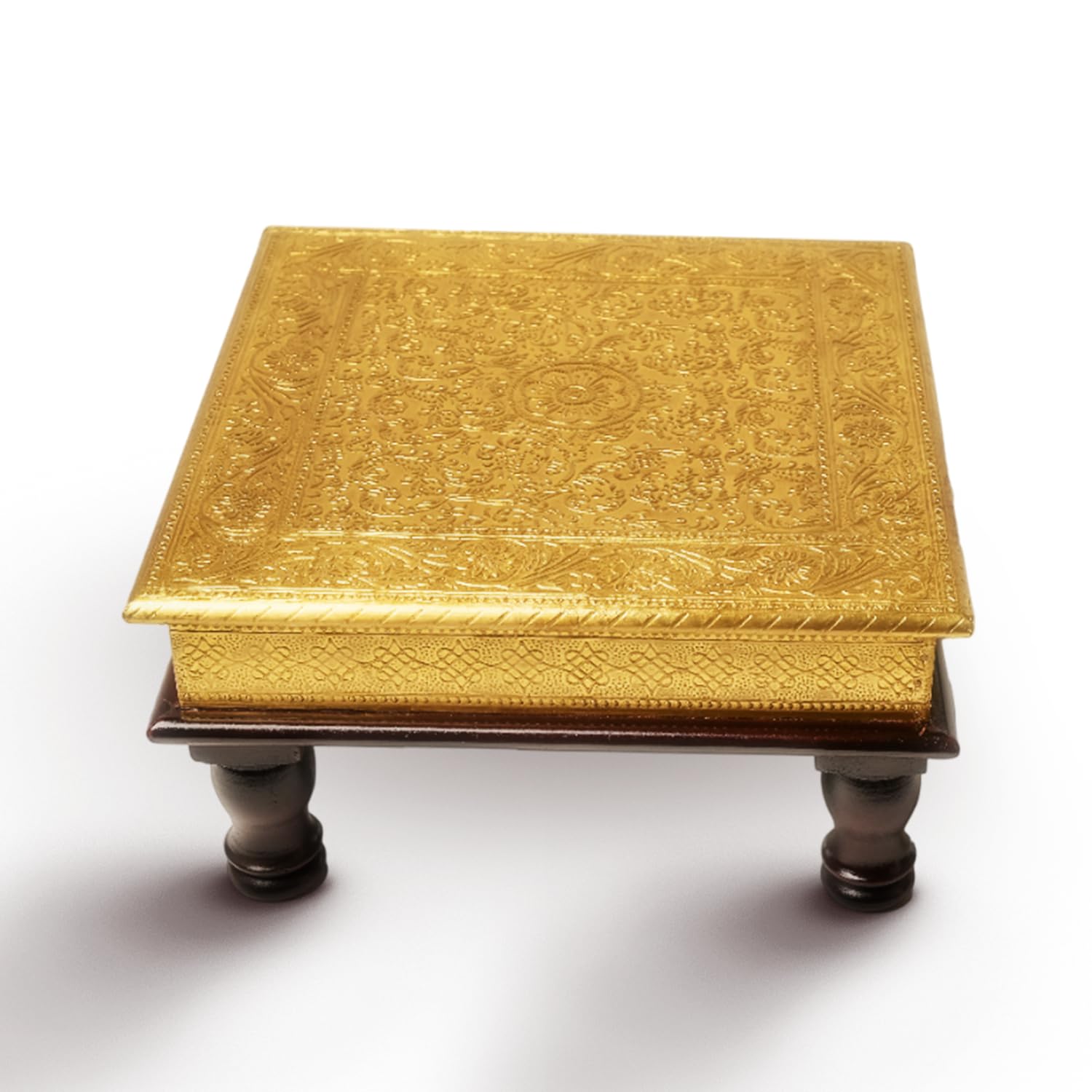 Crafted wonders Decorative Wooden Brass Bajot/Chowki/Handmade Bajot/Antique Design/Multipurpose Stool/Multipurpose Pooja Mandir Stool- Pack of 1 (10 Inch)-image-15