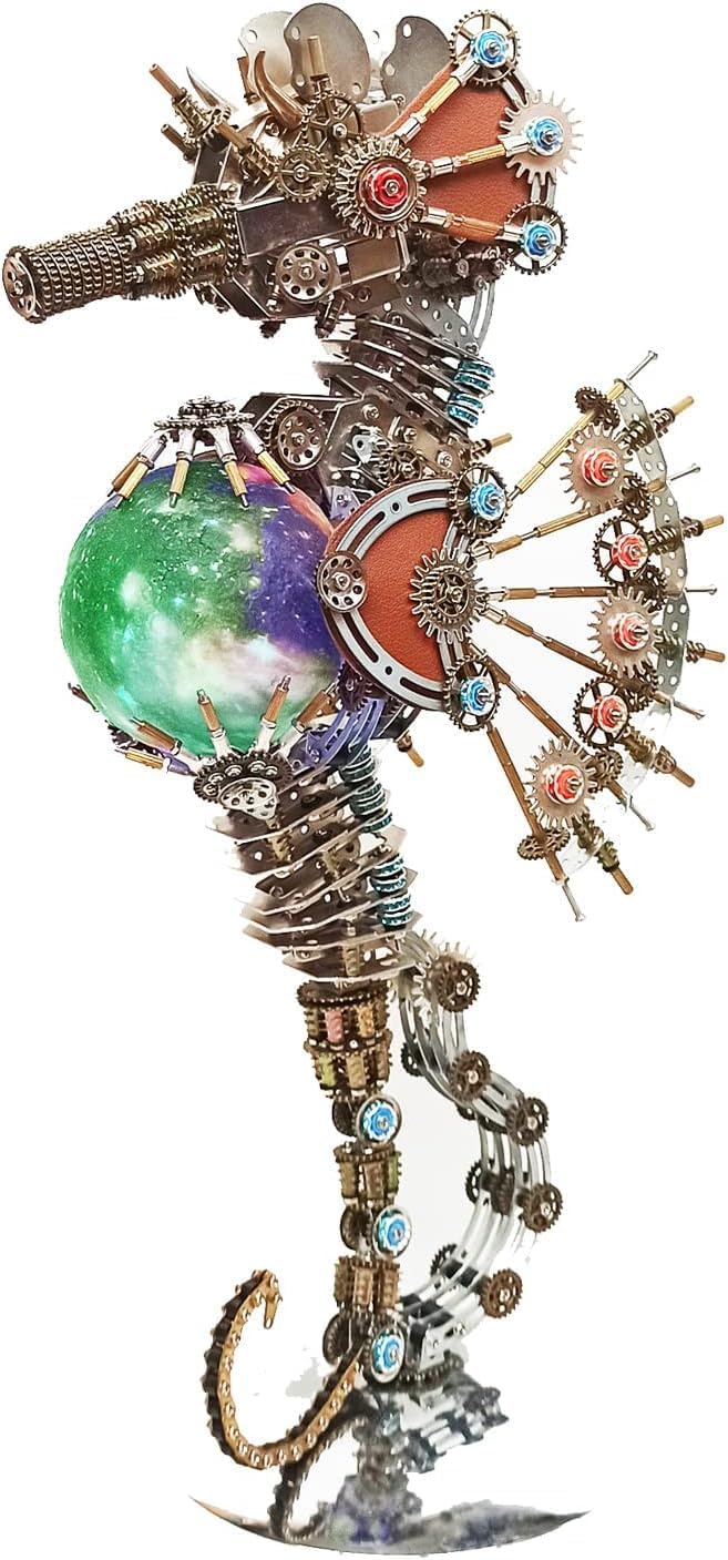 Colorful 3D Metal Puzzles for Adults Sea Horse Model with 16Colors Lamp, DIY 3D Mechanical Sea Horse Metal Model Kits to Build for Adults with Tool, Desktop Building Toys for Teens