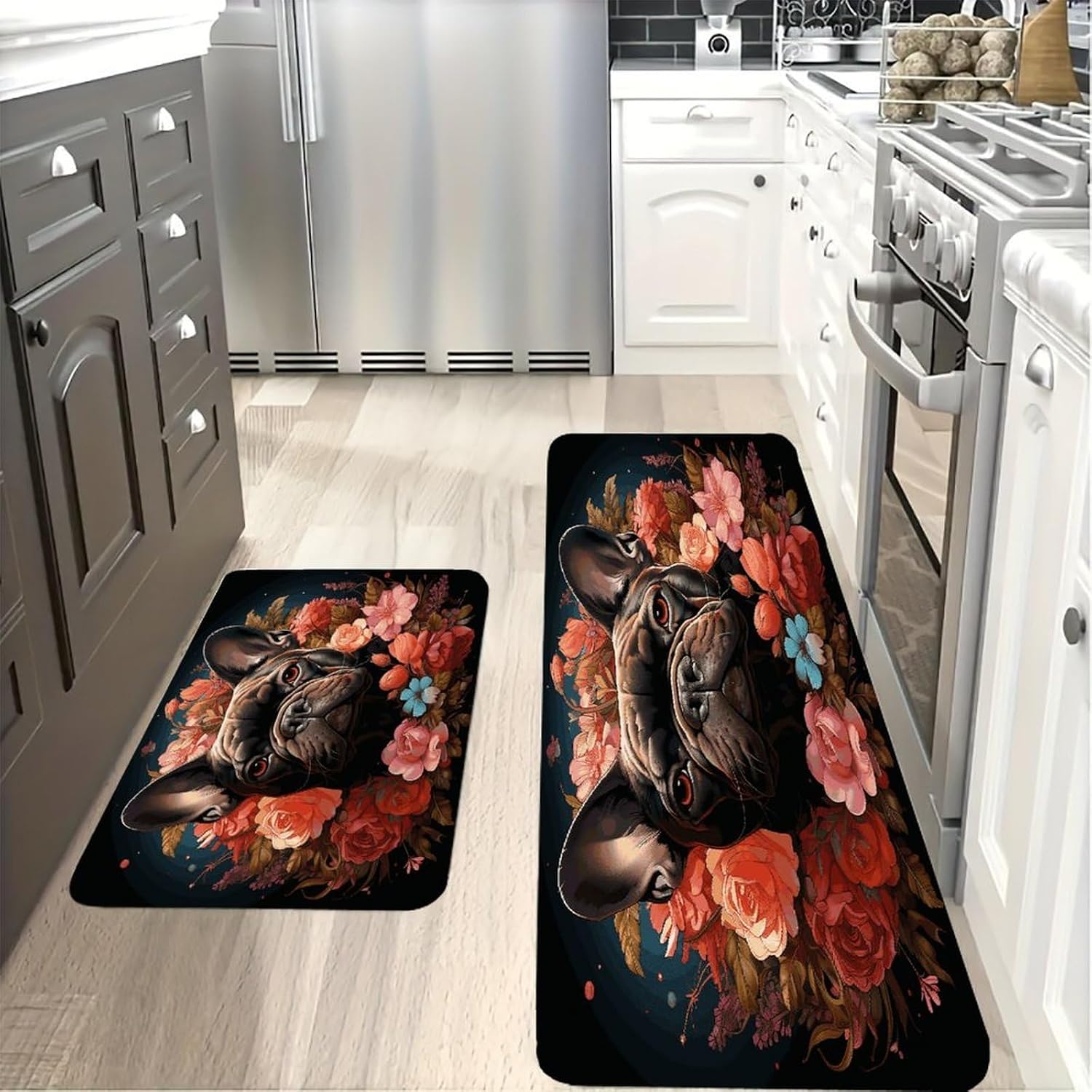Bulldog and Flowers Kitchen Mat Kitchen Rug Set | Kitchen Rugs Flannel Velvety Washable breathable Water Absorbent Soft ，kitchen utensils for Kitchen, Floor,Laundry