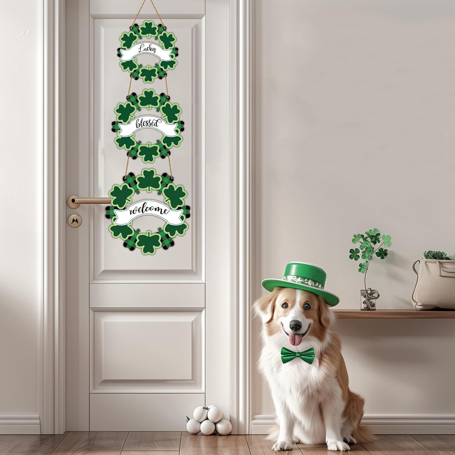 St Patricks Day Wreath Shamrock Decorations St Patricks Day Door Decorations Shamrock Hanging Sign Wooden Wreaths for Front Door Hanger Lucky Blessed Welcome Sign for Porch Wall Indoor Home Decor