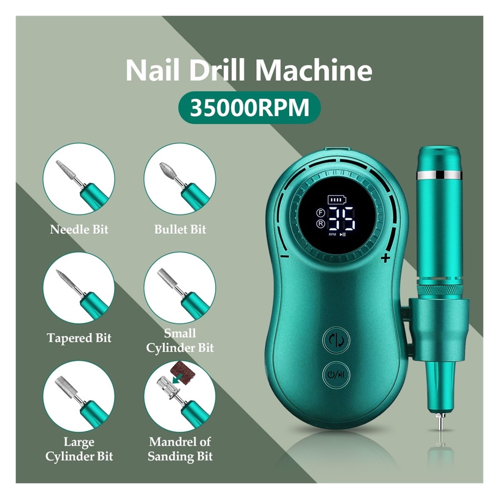 Torno para Uñas, Taladro eléctrico for uñas, juego de fresas de manicura de 35000RPM, lima de pedicura de uñas eléctrica verde Retro for esmalte de Gel