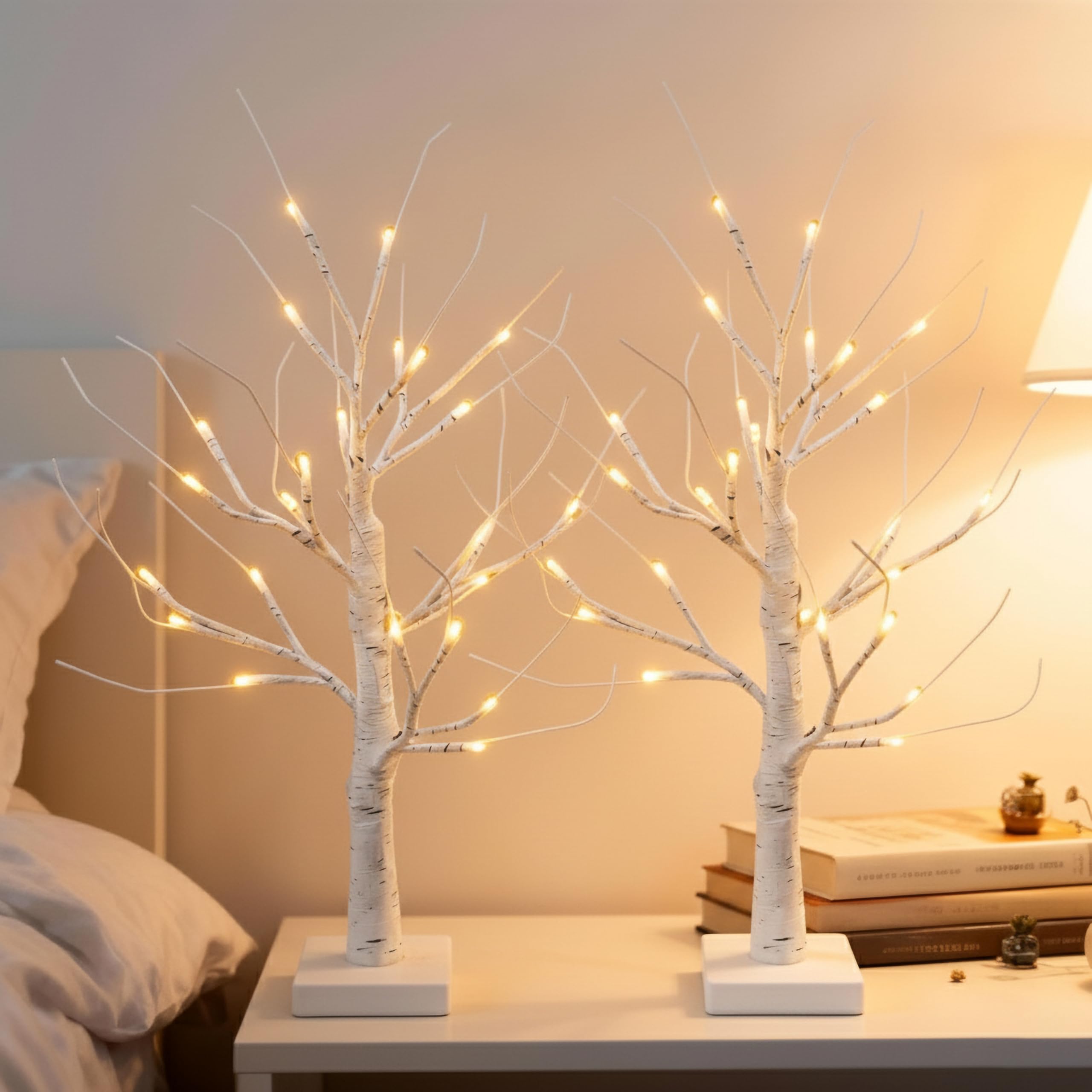 Set of 2 White Christmas Tree with Lights 2FT Mini Birch Twig Tree Ornament with 24 Warm White LEDs Battery Operated Tabletop Decoration for Christmas Home Party Wedding