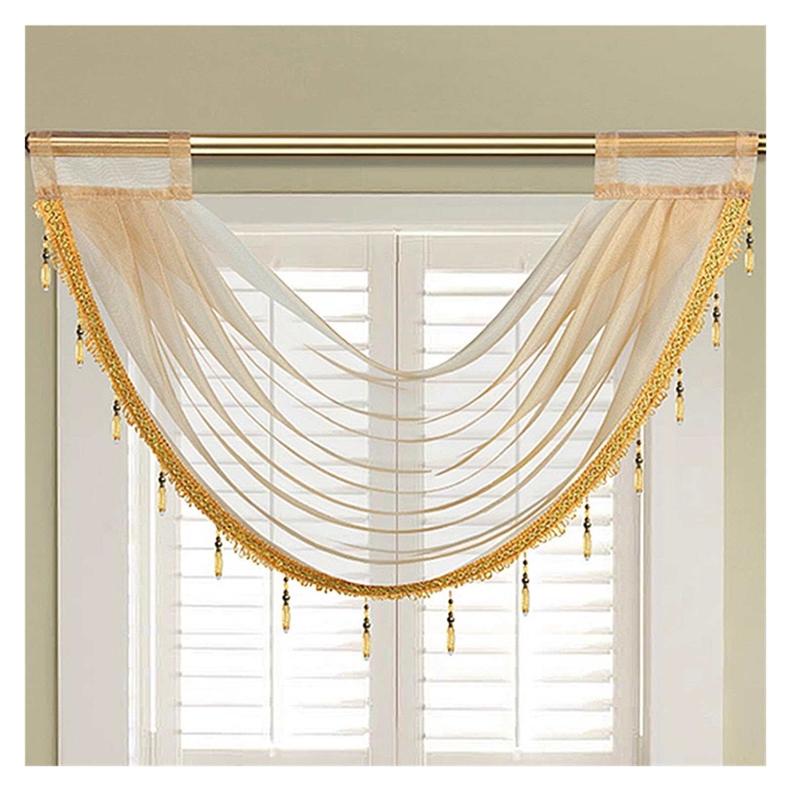 SparklWLeaf Beaded Triangle Curtain 1pc Pure Color Thin Gazue Curtain Valance，Sheer Valance with Beads，Rod Pocket，Home Window Decor(Color 2)