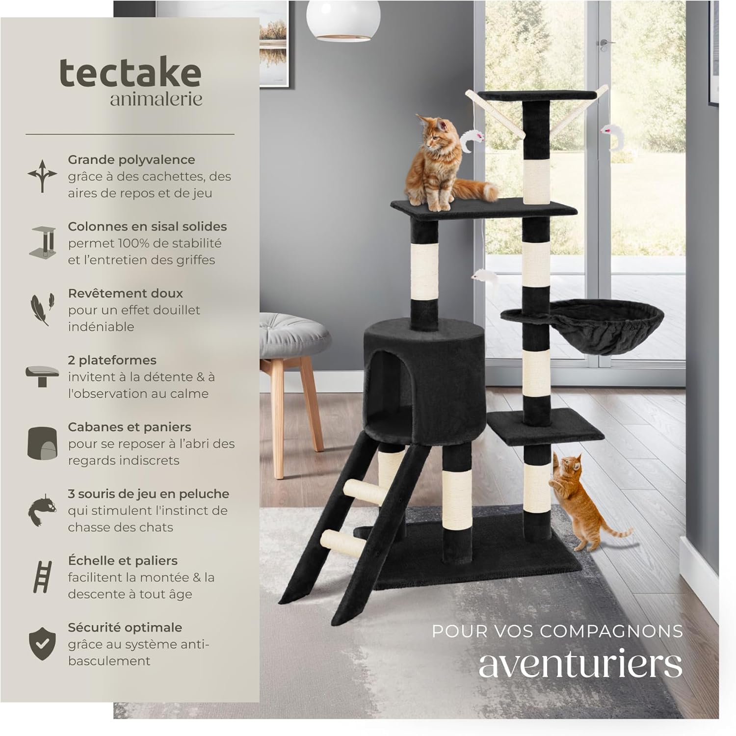 Black TecTake cat tree highlighting its features: multiple platforms, sisal scratching posts, soft covering, cave, hammock, ladder, and anti-tipping system.