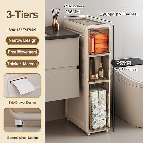 Miniatura 6 de Almacenamiento de toallas para baño pequeño, armario de almacenamiento de pie de 3 niveles con cajones transparentes y ruedas silenciosas,