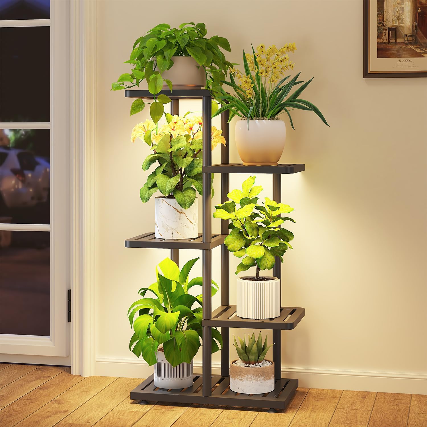 iDavosic.ly Plant Stand with Grow Light Indoor Outdoor, 4-Tier Tall Metal Flower Shelf for Heavy-Duty Large Planters, Corner Orchid Display Rack for Living Room Balcony Patio Porch, Modern Black