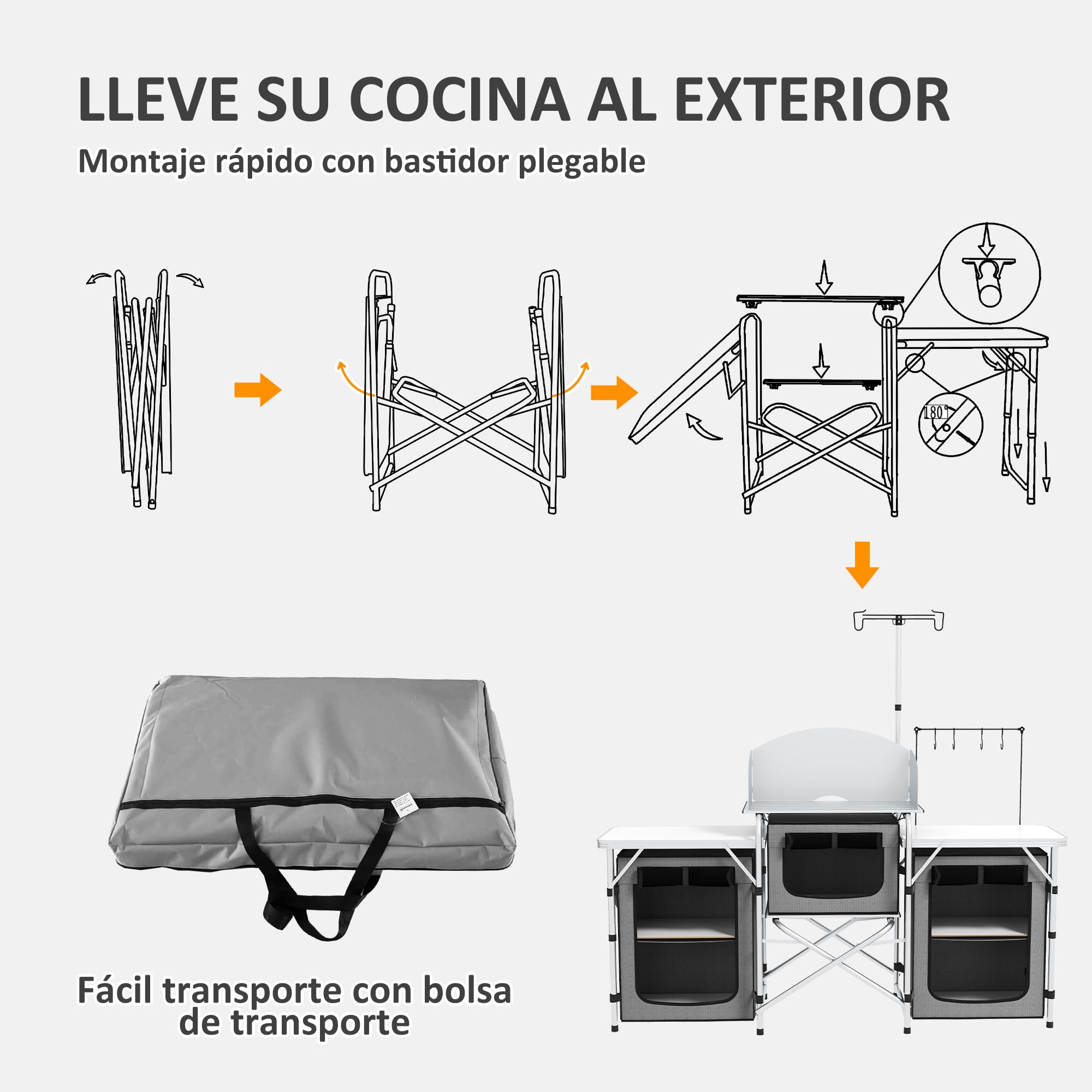 Outsunny Mueble Cocina Camping Armario Camping Plegable con Mesas Armarios Ganchos Estructura de Aluminio Poste de Luz Ajustable Paravientos y Bolsa de Transporte para Acampada 172x48x130 cm Gris
