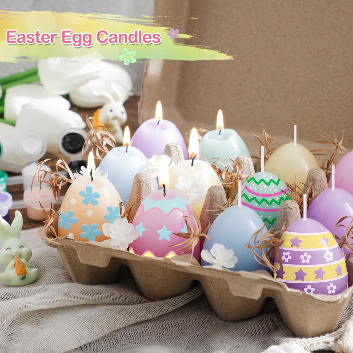 Conelist 25 Pcs Easter Egg Candle Painting Kit Easter Painting Crafts for Adult Macaron Egg Shaped Candles with Carton Acrylic Paint Strips Paintbrushes for Spring DIY Gift Basket Stuffers image 5