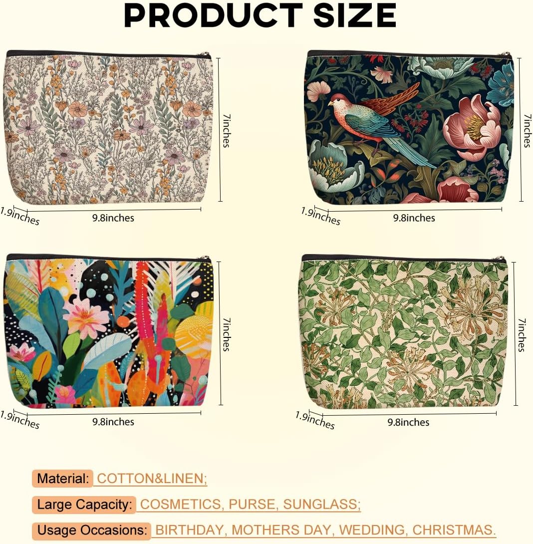 4 Pcs Cosmetic Bags for Women Makeup Bag, Thank You Gifts Christmas Birthday Friendship Gifts for Girls Friends Bestie Grandma Teacher Travel Toiletry Bag, Vintage Abstract Botanical Flower Bird - Image 4