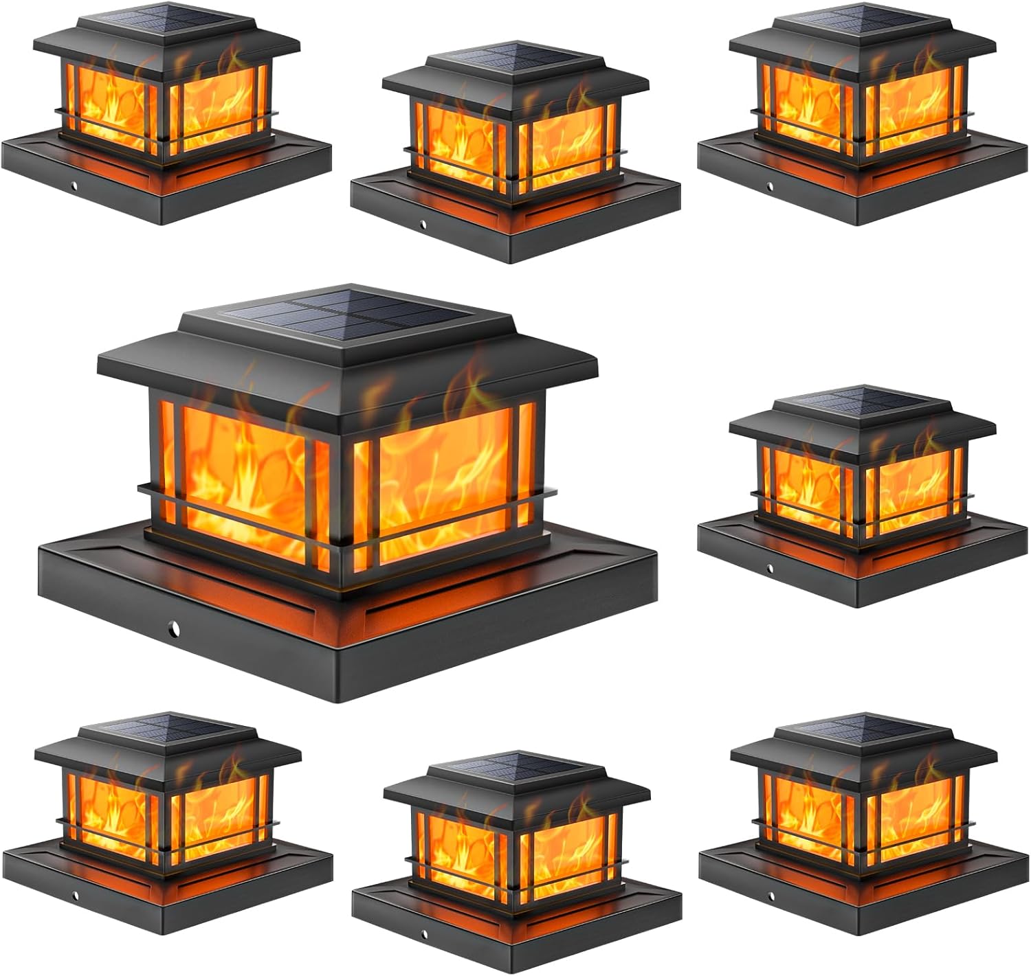 NIORSUN Solar Post Lights Outdoor, Fence Post Solar Lights with Flickering Flame Light & 3 Color Temps, Waterproof, Garden Patio Fence Deck Decor, 4x4 Posts Caps, 4x4, 5x5 Wooden & Vinyl (8Pack,Black)