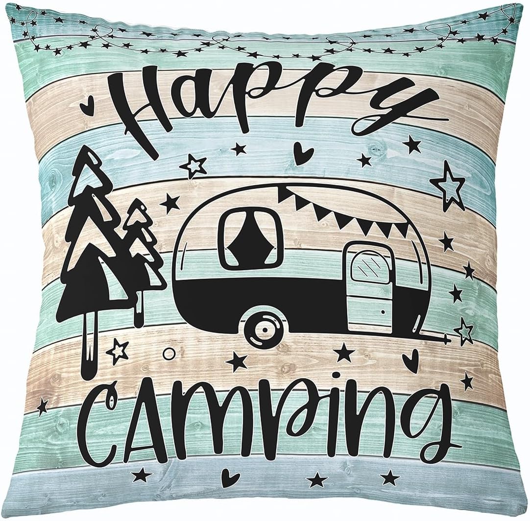 Feelyou Teal Happy Camping Throw Pillow Covers 16"x16" Set of 2 Kids Camper Decorative Pillow Case Pillowcase Gifts for RV Owners Rustic Farmhouse Style Cushion Case RV Camping Outdoor Pillows Covers