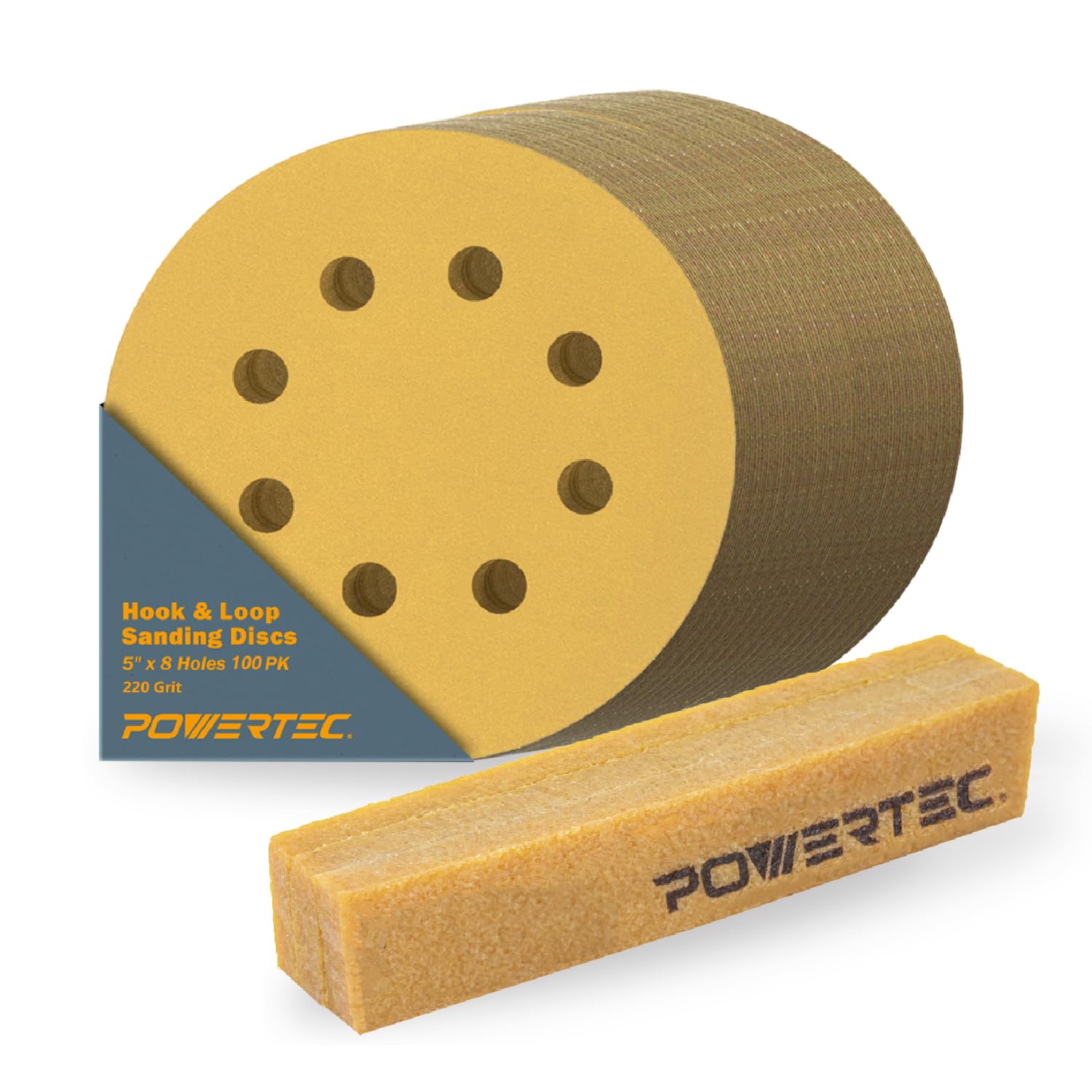 POWERTEC 44053G Dischi abrasivi a 8 fori da 12,7 cm con bastone di pulizia abrasivo, 100 pezzi di carta vetrata a grana 220 per levigatrici orbitali casuali, levigatrice pneumatica, levigatrice