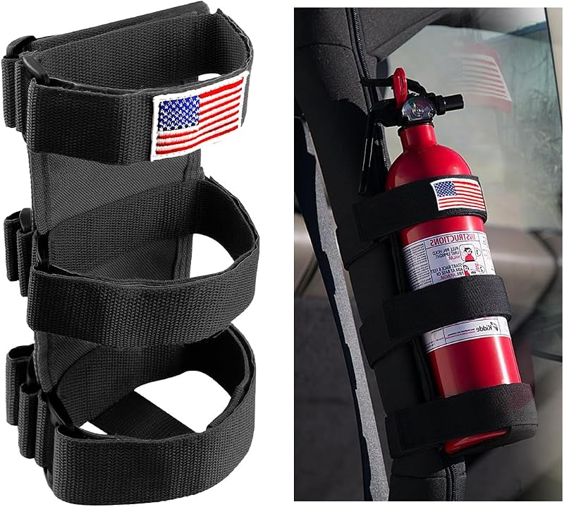 Fire Extinguisher Holder, Adjustable Roll Bar Fire Extinguisher Mount Holder, American Flag Pattern Extinguishers Strap Bartact for Cars Trucks, Universal Car Accessories (Black)