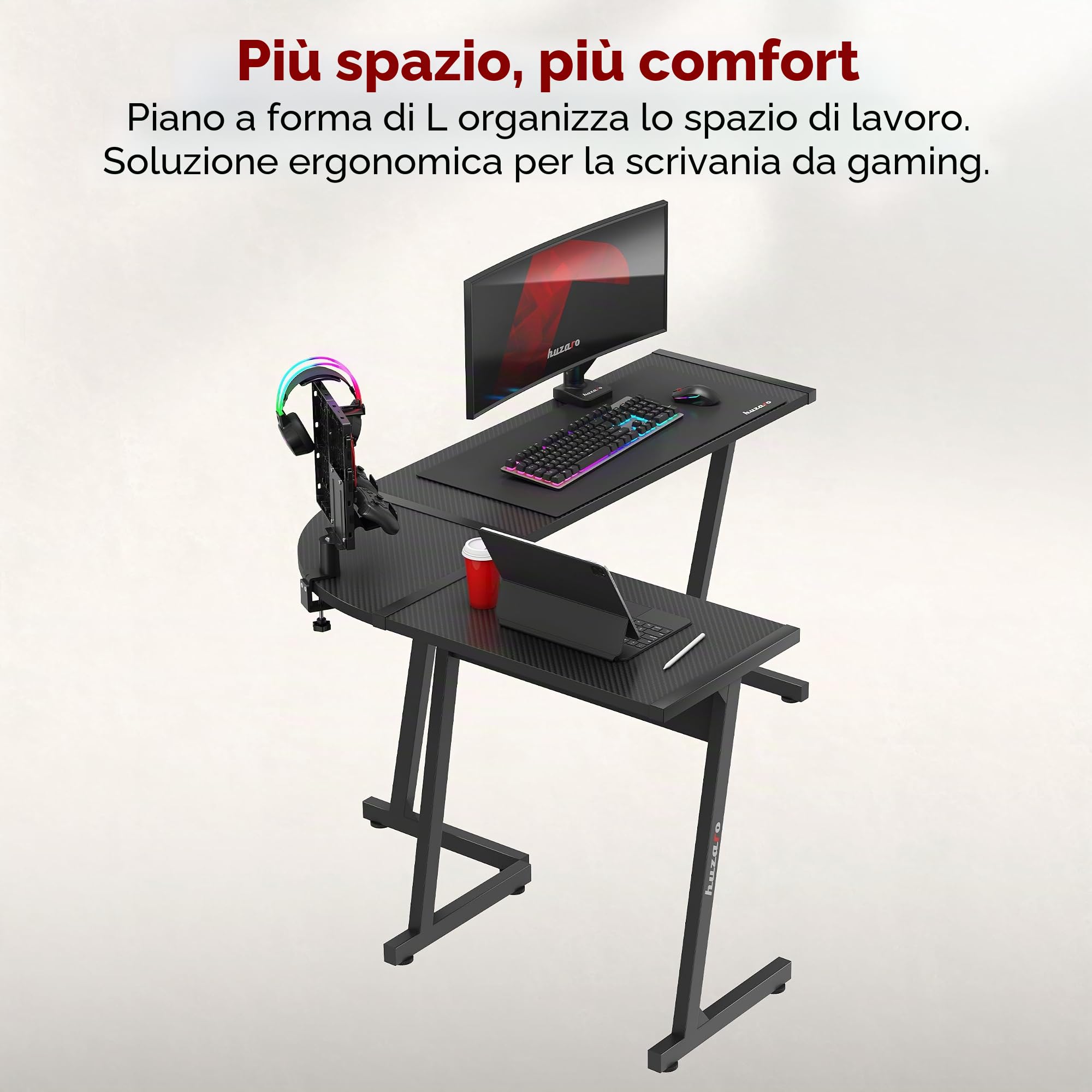 huzaro Hero 6 0 scrivania angolare scrivania da gioco tavolo per computer tavolo ergonomico in carbonio piano di montaggio destro e sinistro lati possibili 112 x 147 cm nero