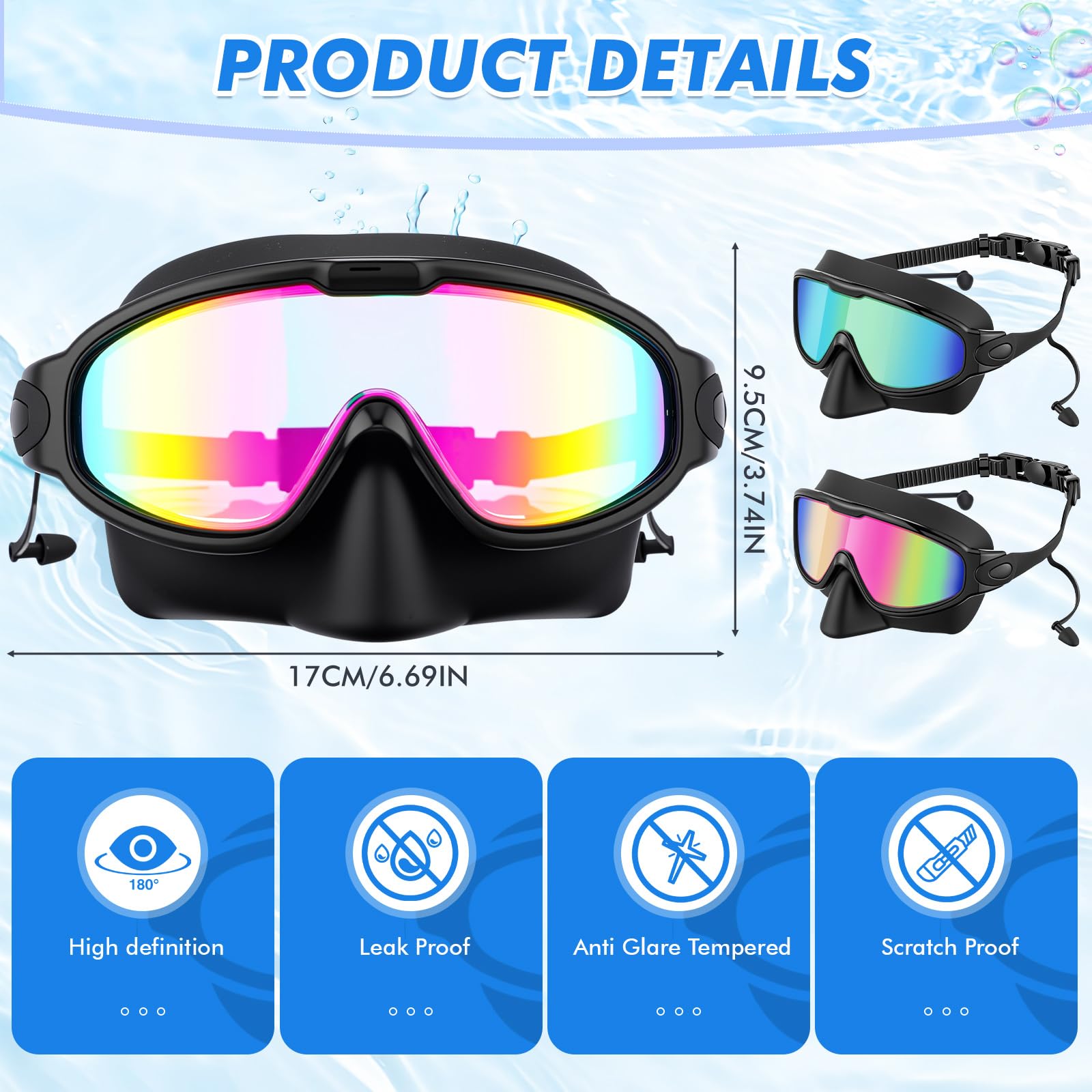 Kanayu Paquete de 2 gafas de natación con cubierta para la nariz, tapones para los oídos para adultos, visión amplia, antivaho, gafas de natación UV, sin fugas, máscara de buceo para hombres y mujeres