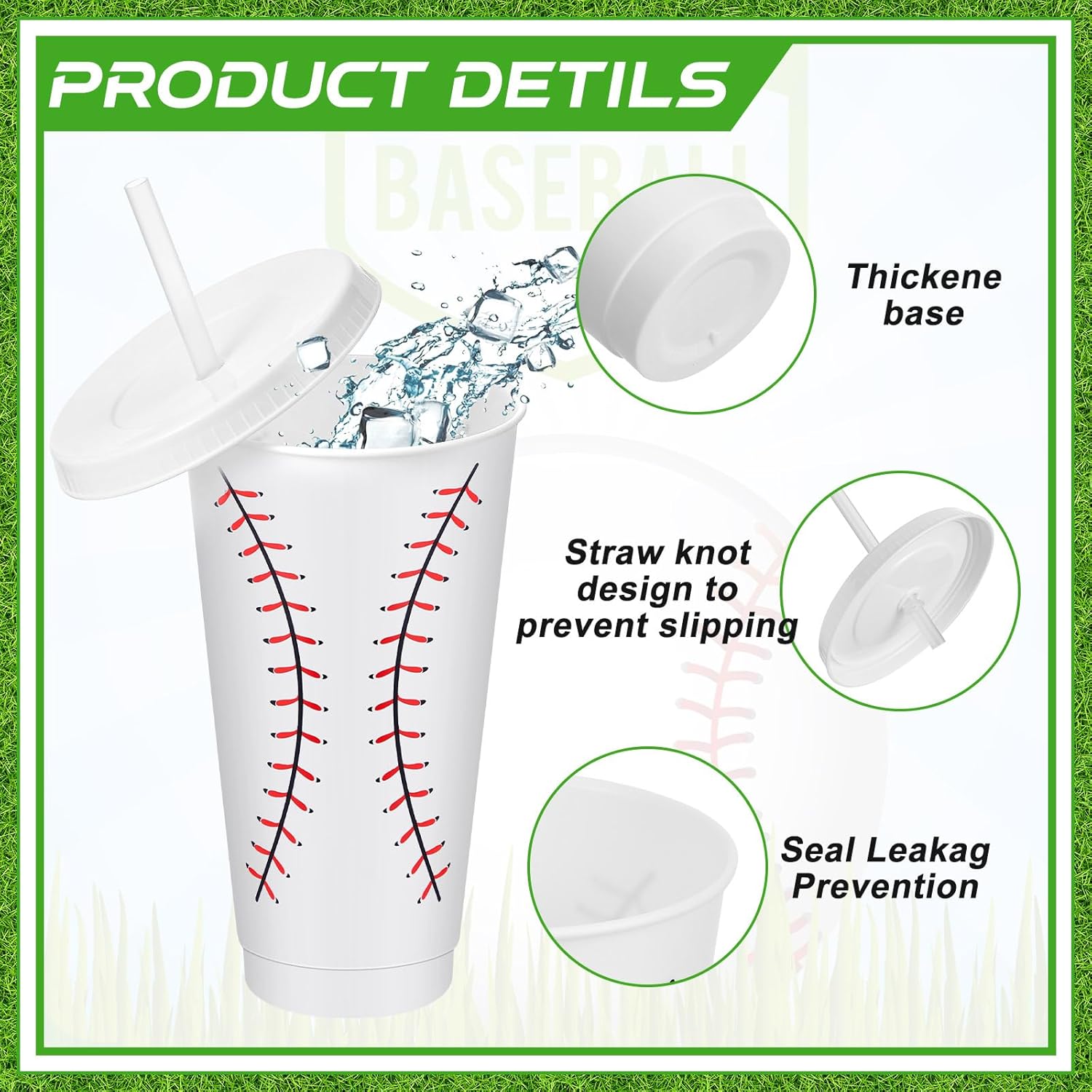 Uiifan 12 Pcs Plastic Baseball Cups Reusable Cute Party Cups with Lids Straws 24 oz Sports Party Gifts for Baseball Game Sport Birthday Decoration Supplies - Image 3