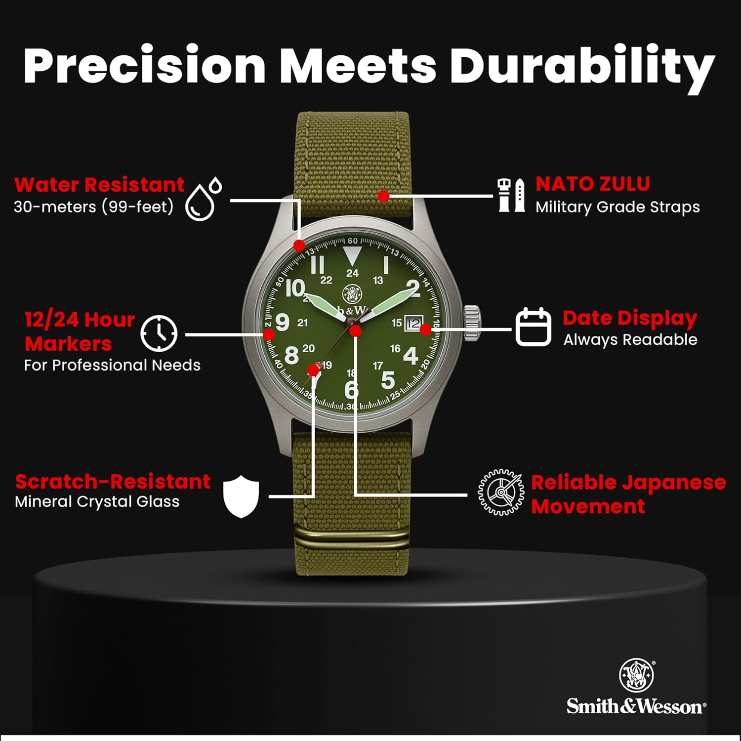 Smith & Wesson Men's Military Watch, 3 Interchangeable Canvas Straps, 3 ATM Water Resistant, Date Display, Scratch Resistant Glass, Military Style Watch for Outdoor Activities, Swimming, 40mm