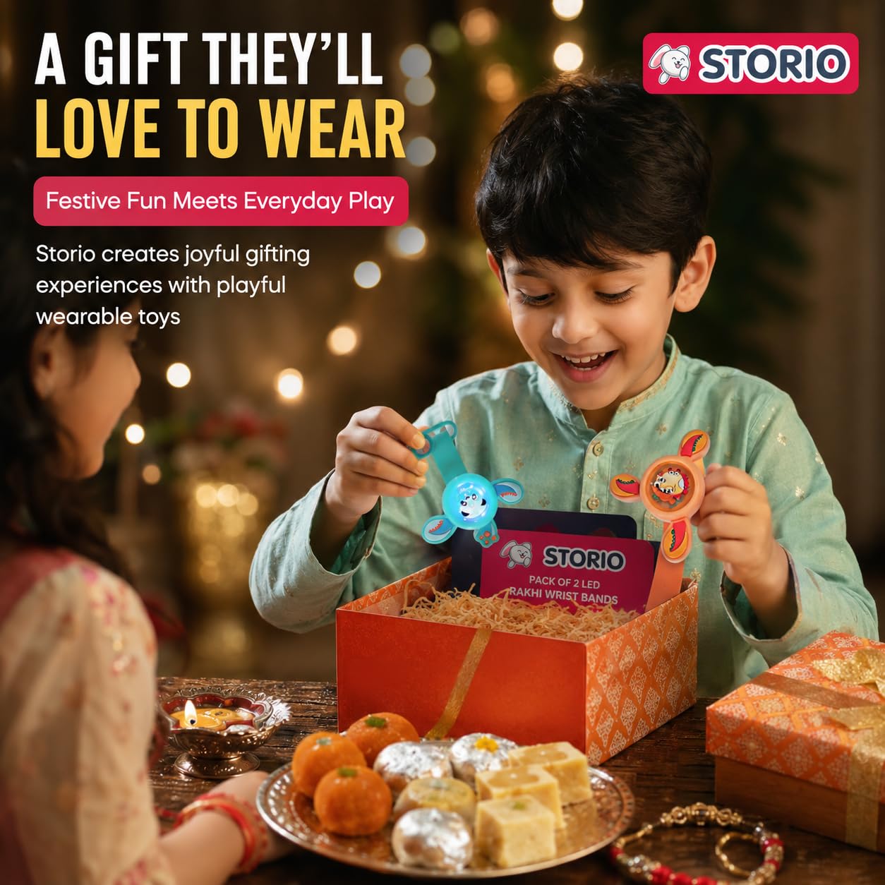 Storio Pack of 2 Rakhi for Brother Kids | Wrist Band for Boys and Girls Spinning Slap Band Cute Cartoon Bracelet Wrist Band with LED Light Up, Great Birthday Return Gift Toys for Kids Boys Girls 1