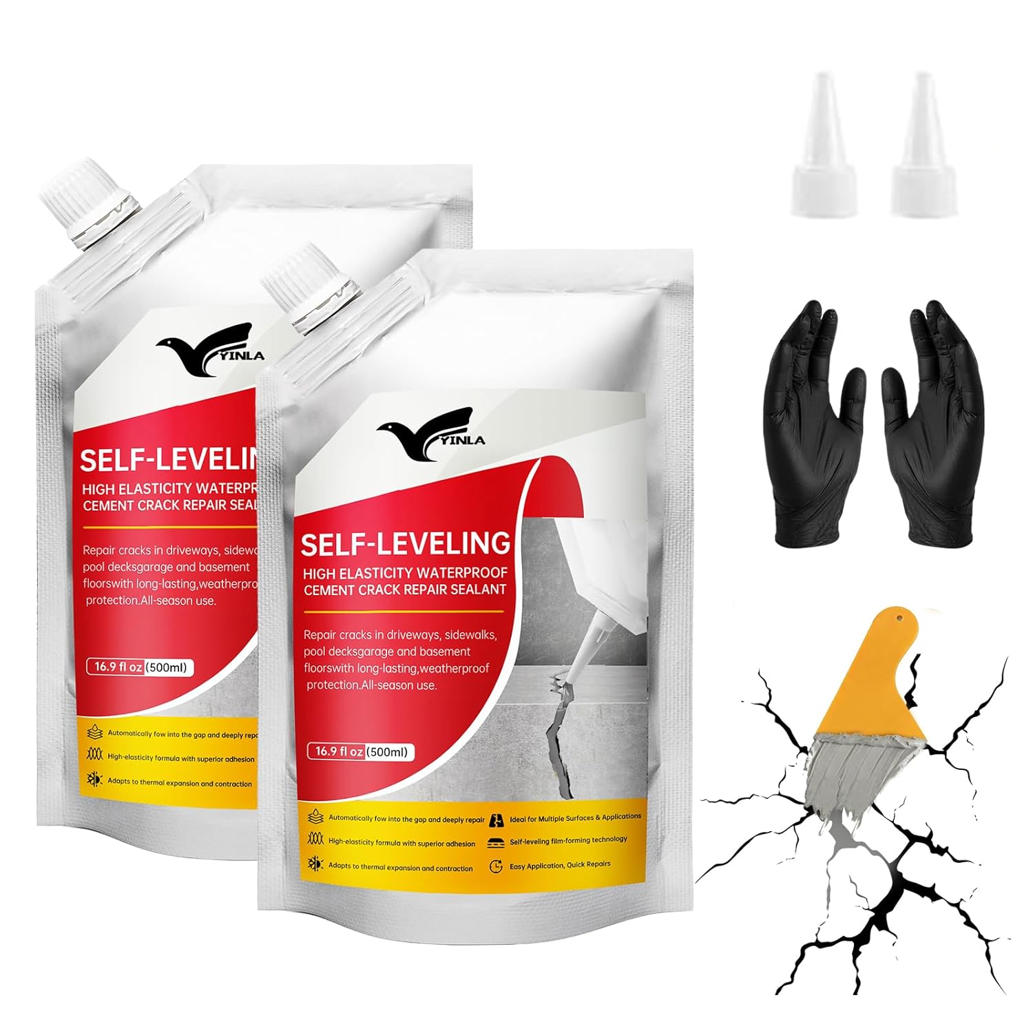 Concrete Crack Filler, 2PC High Elasticity Self-Leveling Sealant - Waterproof Cement Repair for Driveway, Patio, Sidewalk, Joints - Fast Drying Gray Adhesive - Indoor & Outdoor Caulk